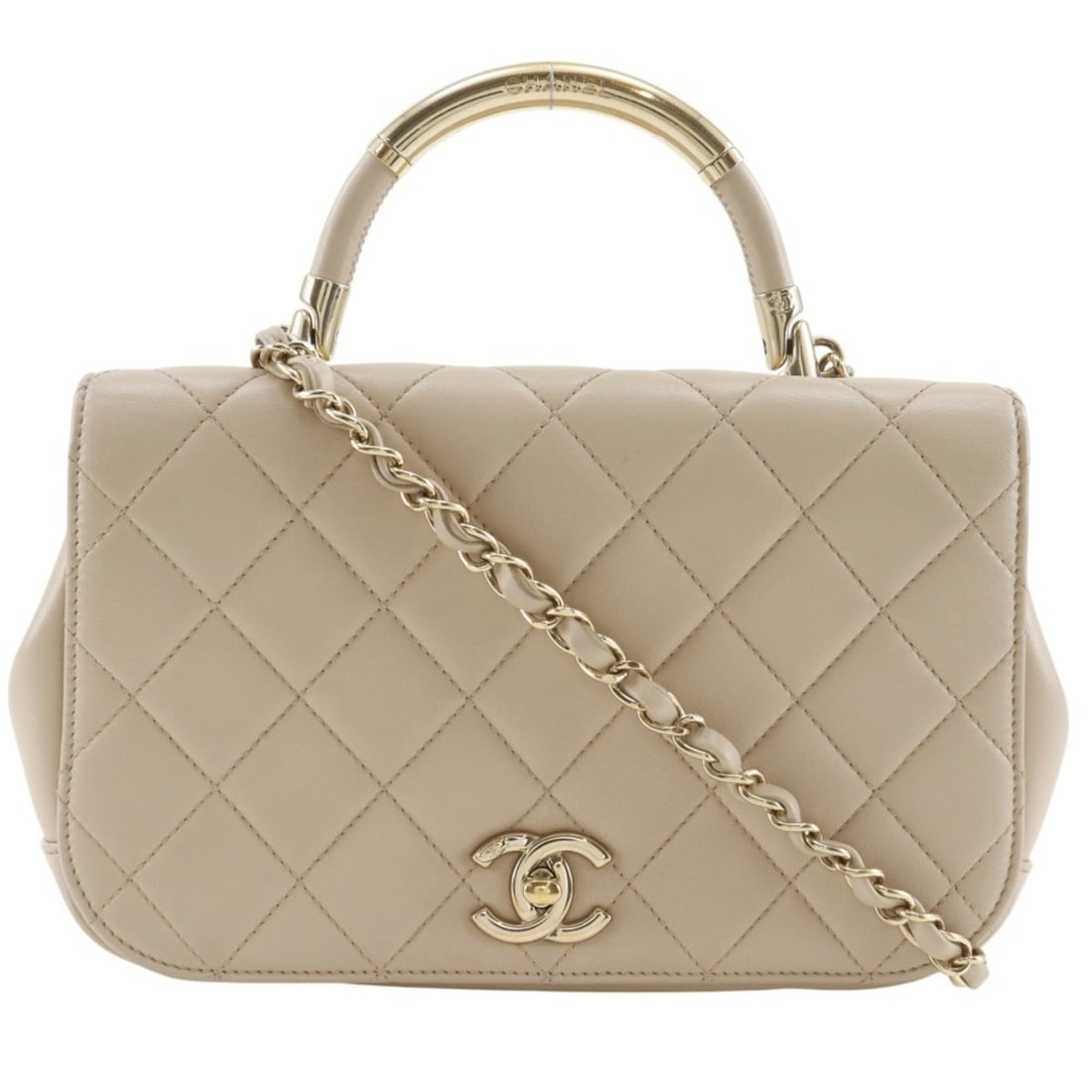 Chanel Matelasse Shoulder Bag, Chain Shoulder, Top Handle, 2-Way, Calfskin, Beige, Turn-Lock, (1 of 12)