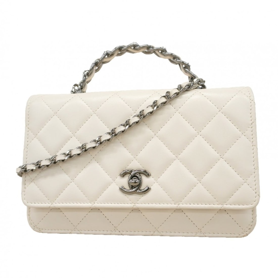 Chanel Matelassé Chain Shoulder Wallet, Lambskin, White, Women's, OP002753: --- Catalog ---Category: SizeSize (HxWxD): 12.5cm x 19cm x 3cm / 4.92'' x 7.48'' x 1.18''Category: DesignType: Chain/Shoulder walletColor: WhiteGender: WomenMaterial: Leather Leather/Fur Type: Lambski