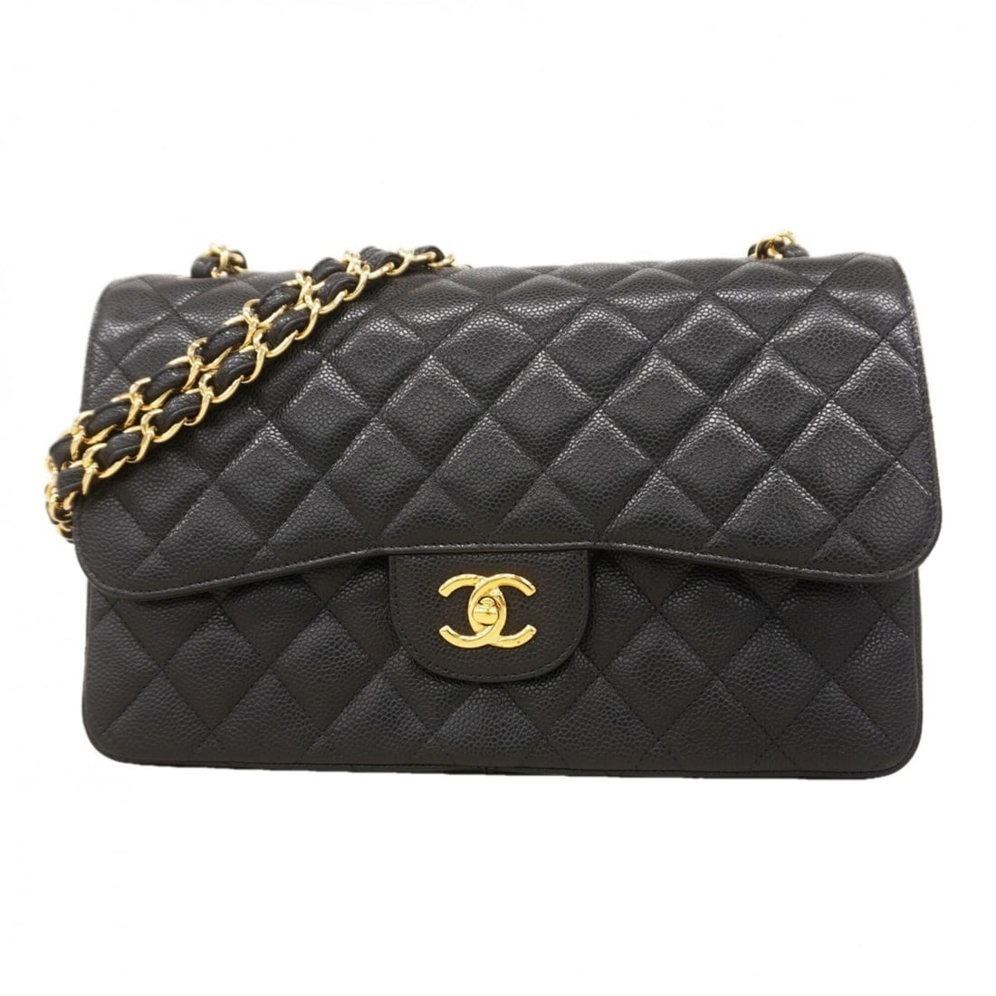Chanel Shoulder Bag, Large Matelassé, Double Flap, Chain, Caviar Leather, Black, Women's, OP002616: --- Catalog ---Category: SizeSize (HxWxD): 20cm x 30cm x 9cm / 7.87'' x 11.81'' x 3.54''Category: DesignType: Shoulder bagColor: BlackGender: WomenMaterial: Grained Calfskin Hardware Color: GoldCatego