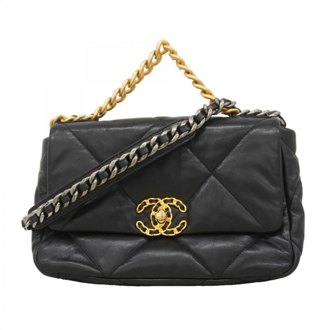 Chanel Shoulder Bag, Chain 19, Lambskin, Black and Gold, 2-way Bag for Women, OP002573 (1 of 9)