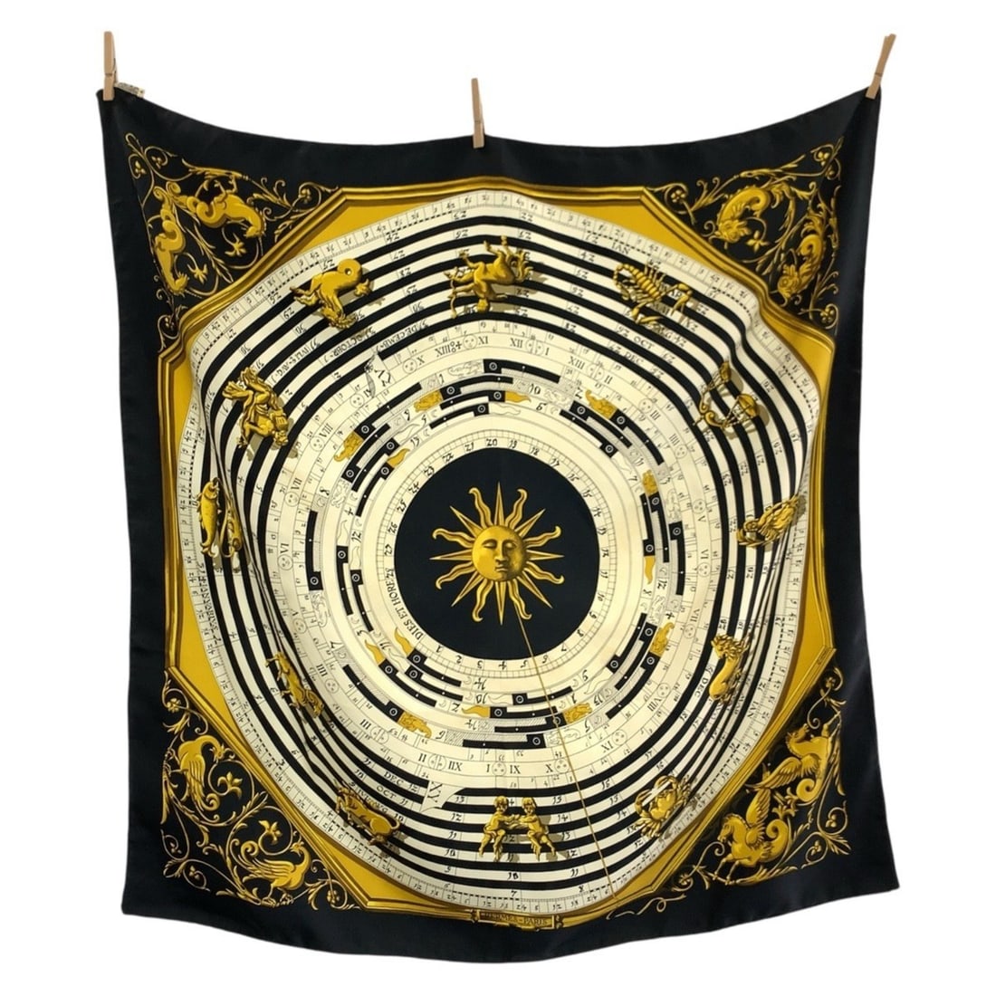 HERMES DIES ET HORE Carre 90 Black Multicolor Silk Scarf/Muffler for Women: --- Catalog ---Category: SizeSize (LxW): 88cm x 88cm / 34.64'' x 34.64''Category: DesignType: ScarfColor: Black, Multi-colorGender: WomenMaterial: Silk Category: GeneralBrand: HermesCountry of Origin: