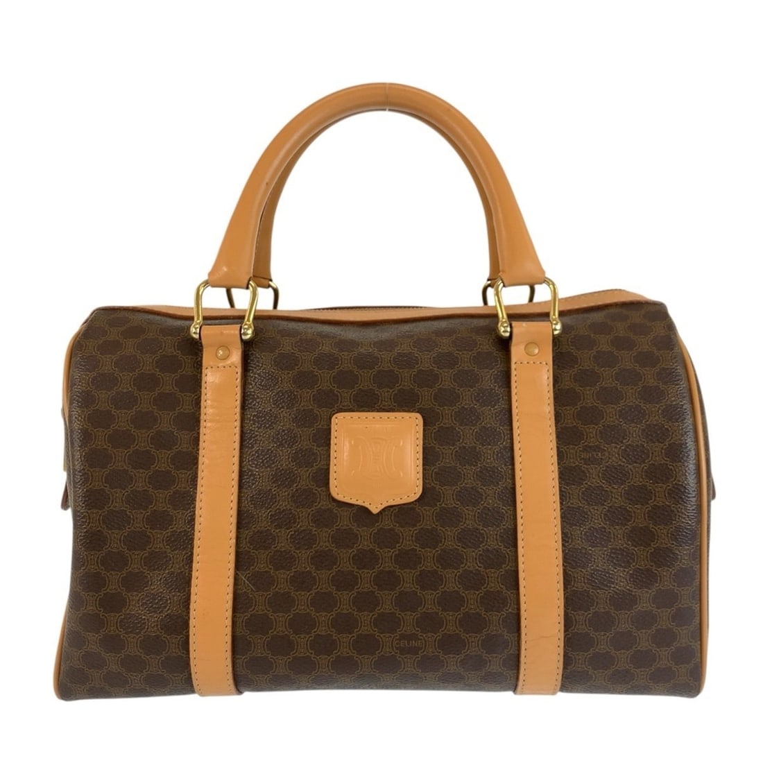 CELINE Vintage Macadam Brown Leather Handbag Boston Bag M14 with Gold Hardware - Women's: --- Catalog ---Category: SizeSize (HxWxD): 19cm x 31cm x 16cm / 7.48'' x 12.2'' x 6.29''Category: DesignType: Boston bag, HandbagColor: BrownGender: WomenMaterial: Leather , PVC Category: GeneralMPN: 
