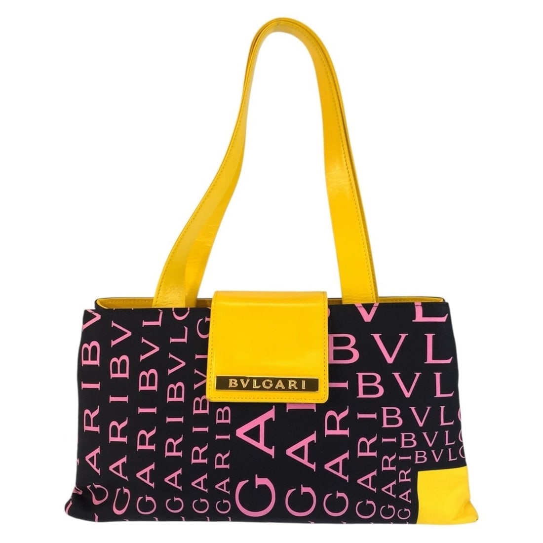 BVLGARI Logomania Black Yellow Pink Canvas Leather Shoulder Bag Tote for Women: --- Catalog ---Category: SizeSize (HxWxD): 15cm x 30cm x 8cm / 5.9'' x 11.81'' x 3.14''Category: DesignType: Shoulder bag, Tote bagColor: Black, Pink, YellowGender: WomenMaterial: Canvas , Leather Cat