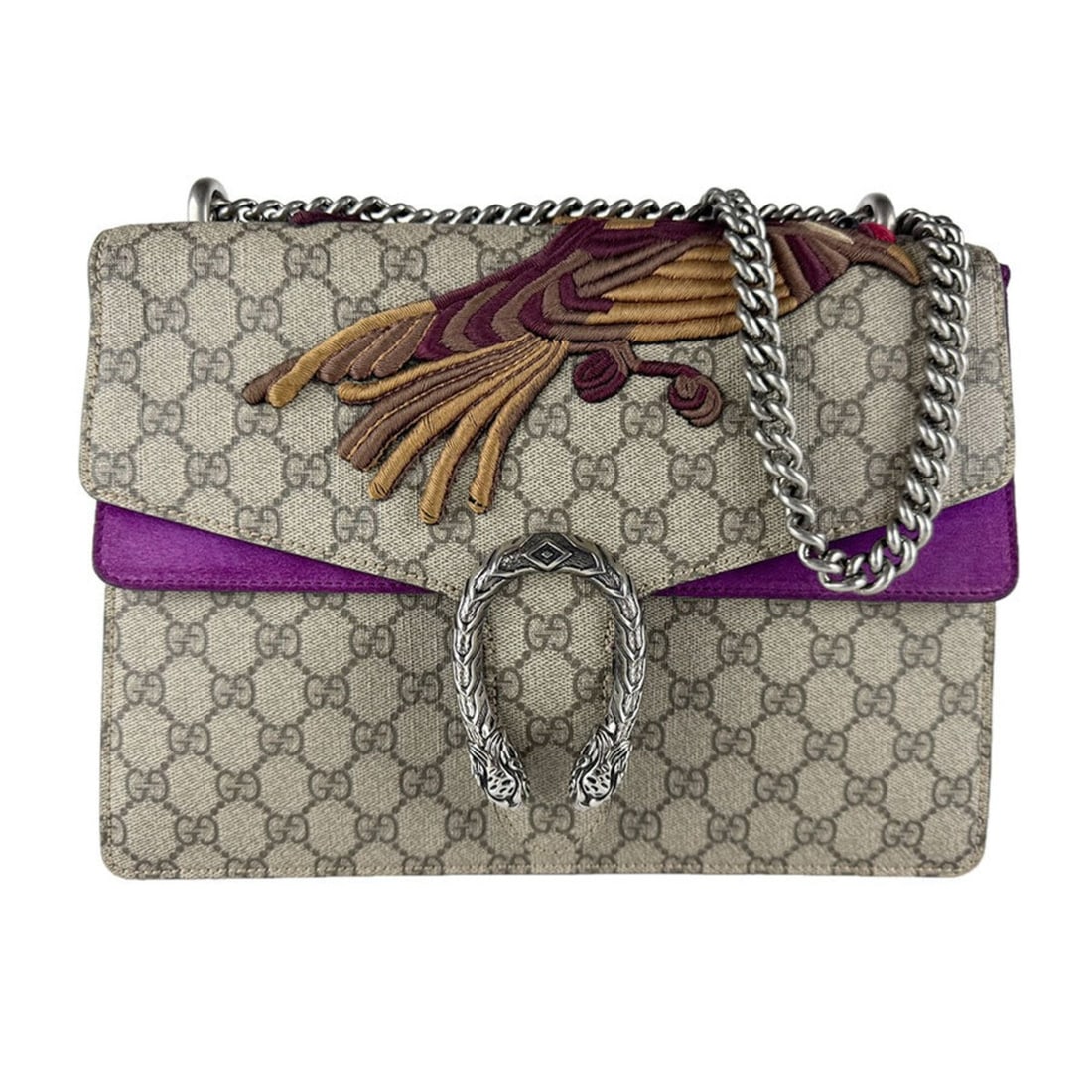 Gucci Dionysus GG Supreme Canvas Shoulder Bag, Brown/Purple Tones, Women's, 400235 z9711: --- Catalog ---Category: SizeSize (HxWxD): 23cm x 29cm x 7cm / 9.05'' x 11.41'' x 2.75''Category: DesignType: Shoulder bagColor: Brown, PurpleGender: WomenMaterial: GG canvas Category: GeneralMPN: 400
