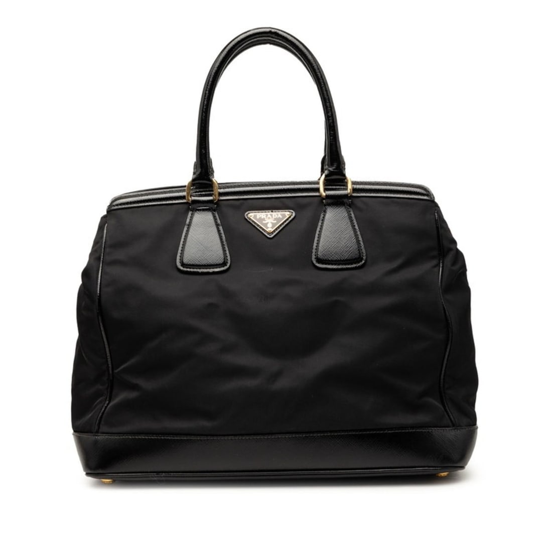 Prada Saffiano Triangle Logo Plate Handbag, Black Nylon Leather, Women's PRADA (1 of 6)