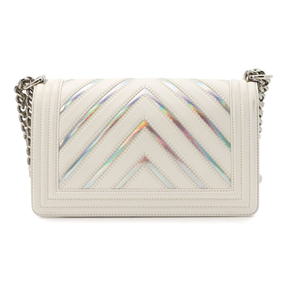 Chanel Boy Chain Shoulder Handbag, Leather, White, A67086, Chevron V-stitch, Silver Hardware: --- Catalog ---Category: SizeSize (HxWxD): 15cm x 25cm x 6cm / 5.9'' x 9.84'' x 2.36''Category: DesignType: Handbag, Shoulder bagColor: WhiteGender: MenMaterial: Leather Category: GeneralMPN: A67086Br