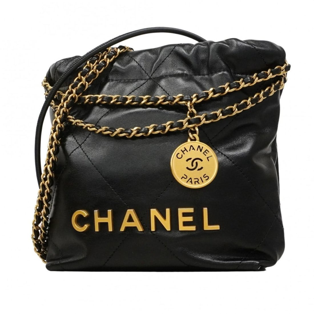Chanel handbag, chain shoulder bag, 22 calfskin, black, 2-way bag for women: --- Catalog ---Category: SizeSize (HxWxD): 20cm x 17.5cm x 7cm / 7.87'' x 6.88'' x 2.75''Category: DesignType: HandbagColor: BlackGender: WomenMaterial: Leather Hardware Color: GoldLeather/Fur Type: C