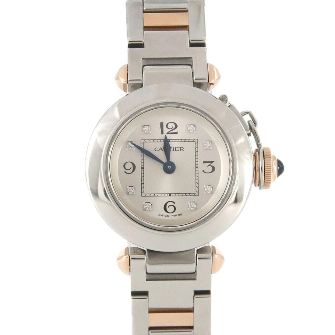 Cartier Miss Pasha PG Combination 8P WJ124020 SSxPG Quartz Watch: --- Catalog ---Category: SizeWrist Size: 16cm / 6.29''Case Diameter: 27mm / 1.06''Category: DesignType: WristwatchGender: WomenColor (Dial): SilverMaterial (Band): Pink gold, Stainless steelMaterial