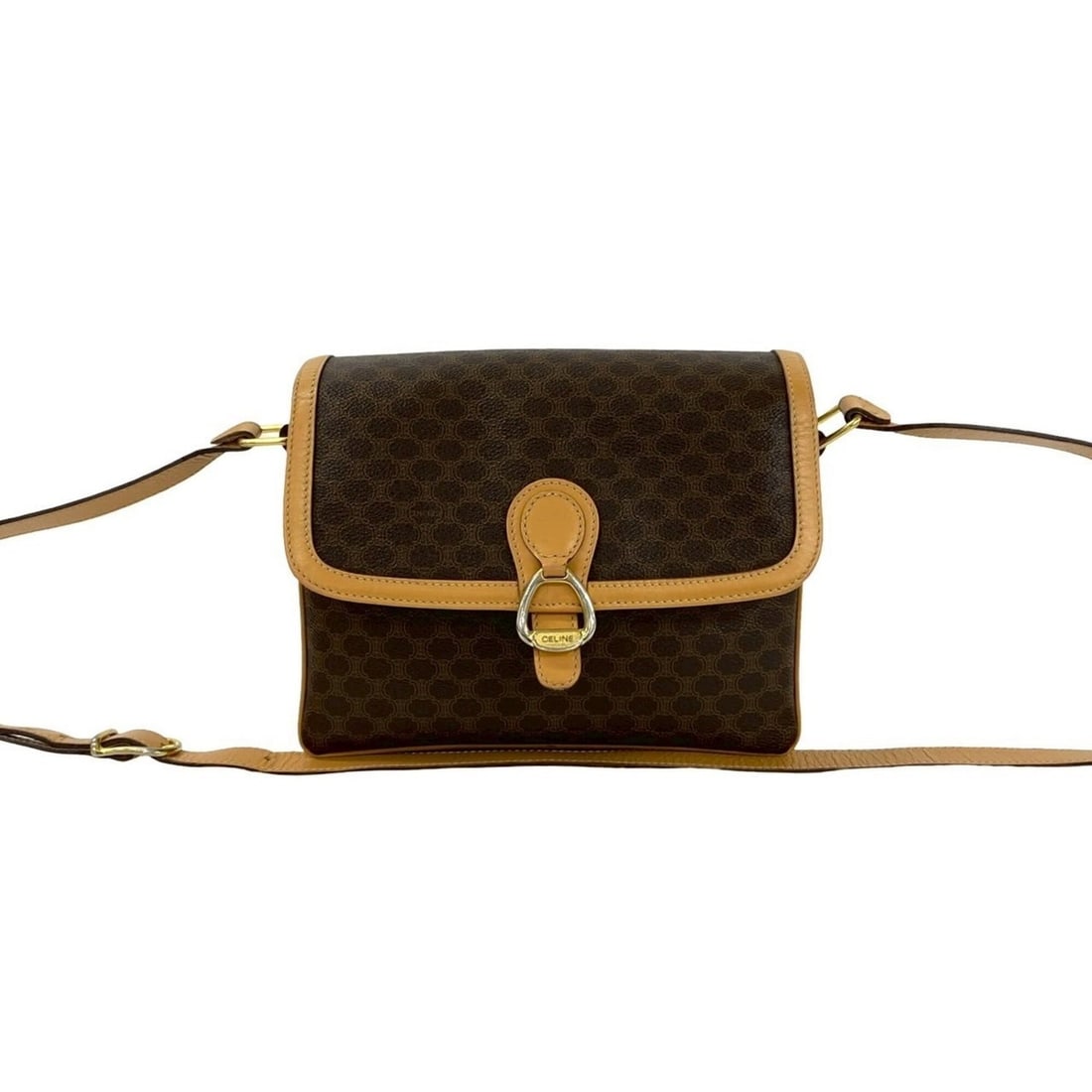 CELINE Vintage Macadam Blazon Triomphe Pattern Leather Shoulder Bag/Pochette Brown 68746: --- Catalog ---Category: SizeSize (HxWxD): 20cm x 23.5cm x 7cm / 7.87'' x 9.25'' x 2.75''Category: DesignType: Pochette, Shoulder bagColor: BrownGender: WomenMaterial: Leather , PVC Category: