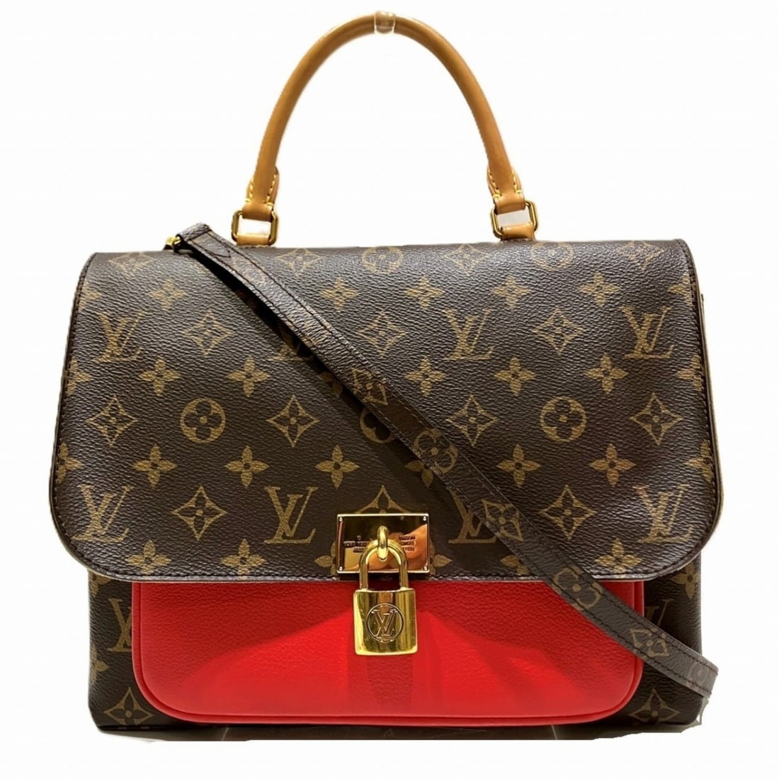 Louis Vuitton Marignan Handbag, Monogram Leather, Toile Fabric, M44286: --- Catalog ---Category: SizeSize (HxWxD): 22cm x 10cm / 8.66'' x 3.93''Category: DesignType: HandbagColor: Brown, Monogram, Red colorGender: Women,MenMaterial: Monogram , Leather Category: GeneralMPN
