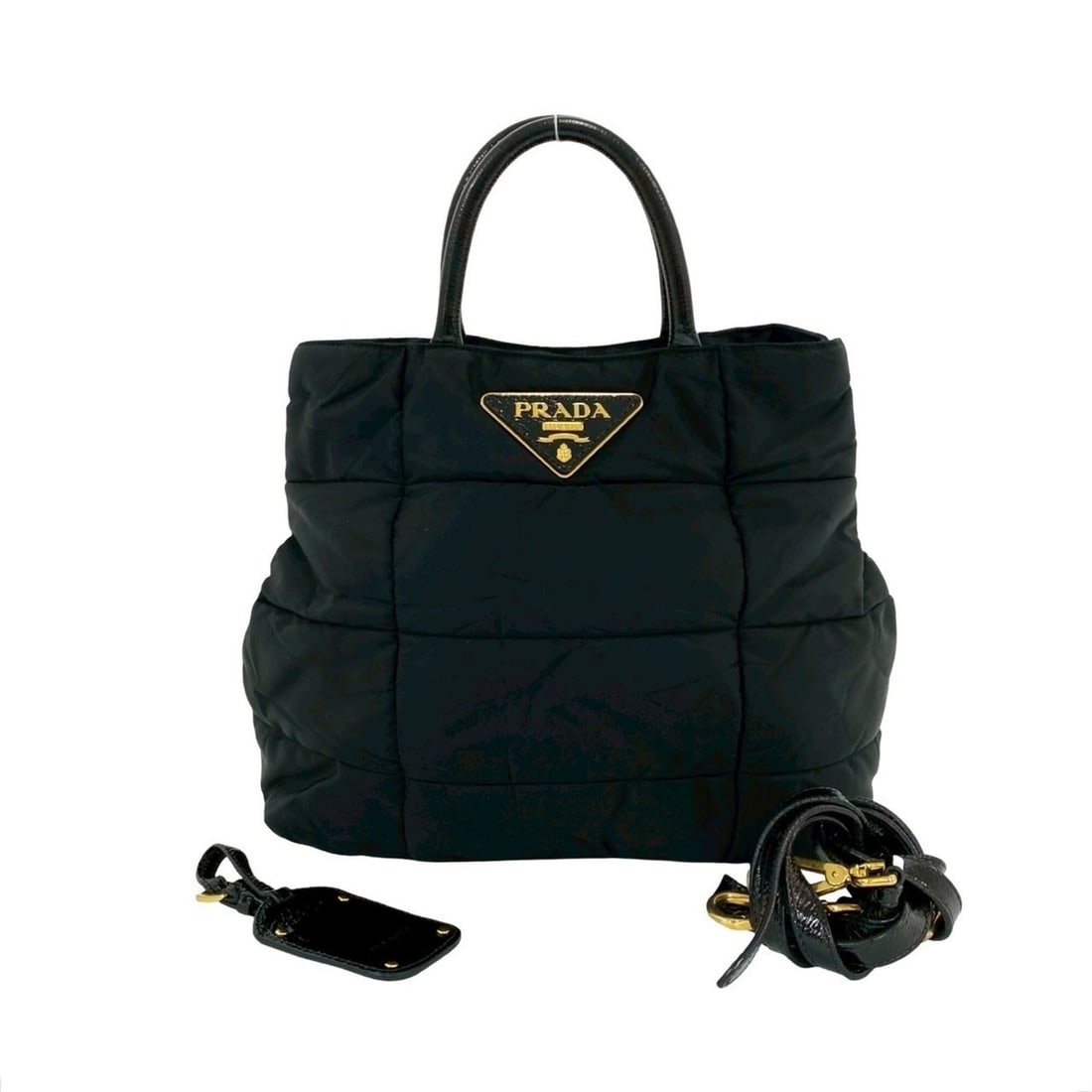 PRADA Triangle Logo Hardware Quilted Nylon Leather 2-Way Handbag Tote Bag Shoulder Black 53067: --- Catalog ---Category: SizeSize (HxWxD): 26cm x 28cm x 12cm / 10.23'' x 11.02'' x 4.72''Category: DesignType: Handbag, Shoulder bag, Tote bagColor: BlackGender: WomenMaterial: Nylon , Leather Catego