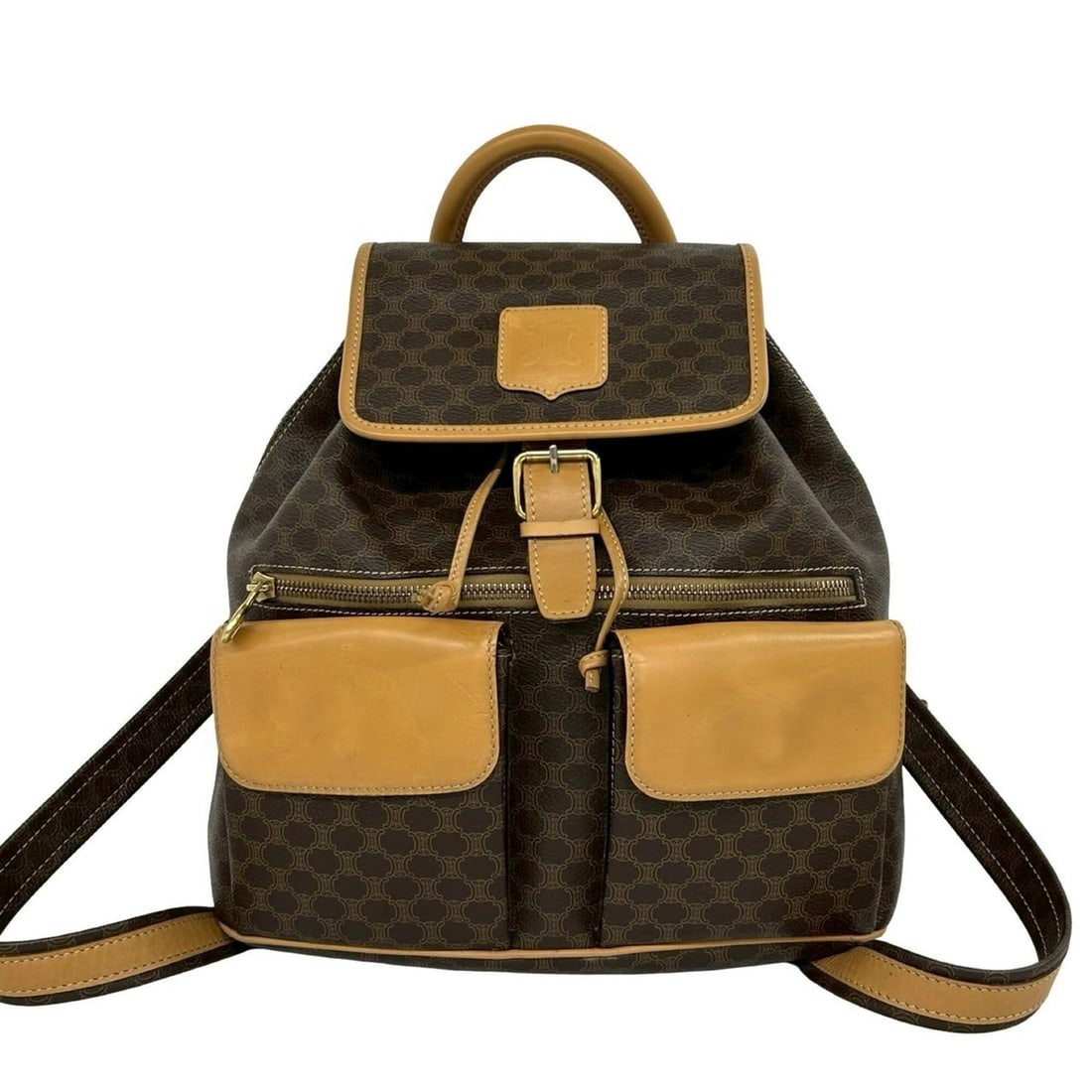 CELINE Vintage Macadam Blazon Triomphe Pattern Leather Backpack Daypack Brown 69309: --- Catalog ---Category: SizeSize (HxWxD): 30cm x 28cm x 14cm / 11.81'' x 11.02'' x 5.51''Category: DesignType: BackpackColor: BrownGender: WomenMaterial: Leather , PVC Category: GeneralBrand: Celine-