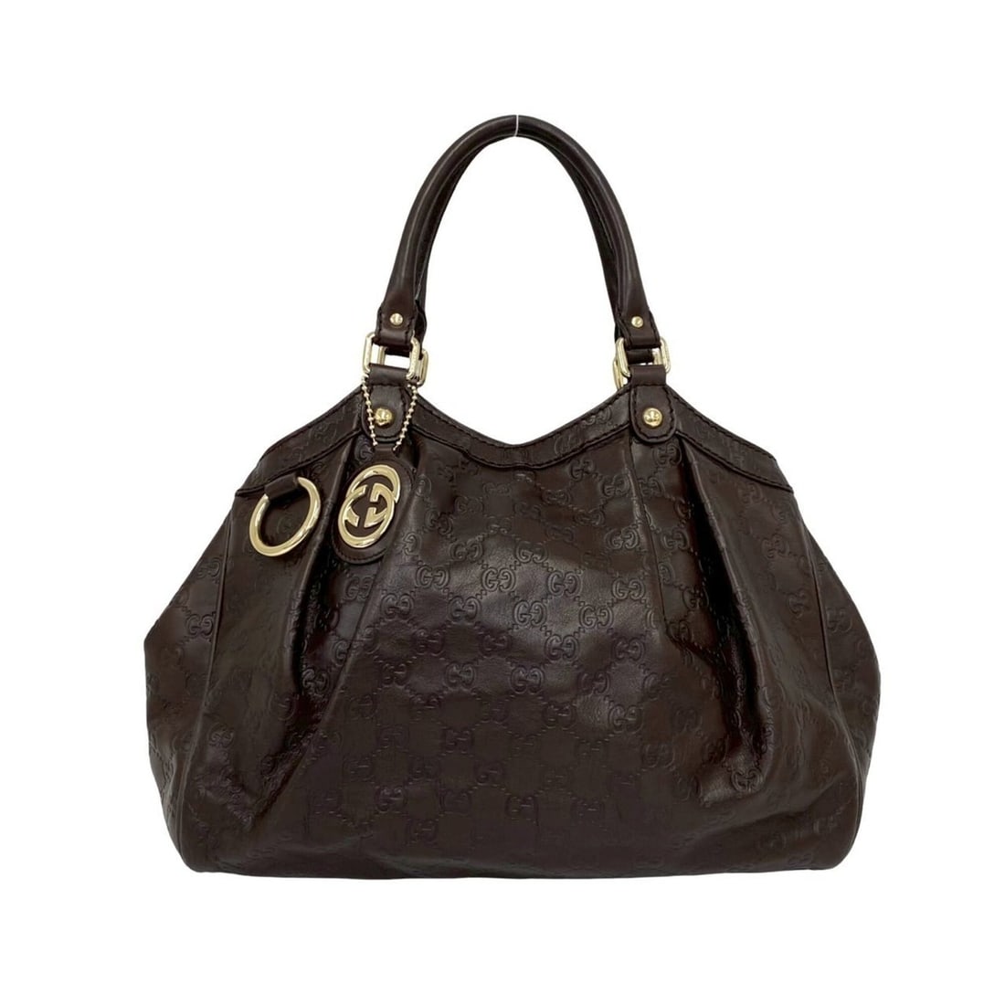 GUCCI Sukey Shima GG Logo Engraved Leather Handbag Mini Tote Bag Dark Brown 28947: --- Catalog ---Category: SizeSize (HxWxD): 28cm x 37cm x 12cm / 11.02'' x 14.56'' x 4.72''Category: DesignType: Handbag, Tote bagColor: BrownGender: WomenMaterial: Leather Category: GeneralBrand: Gucc