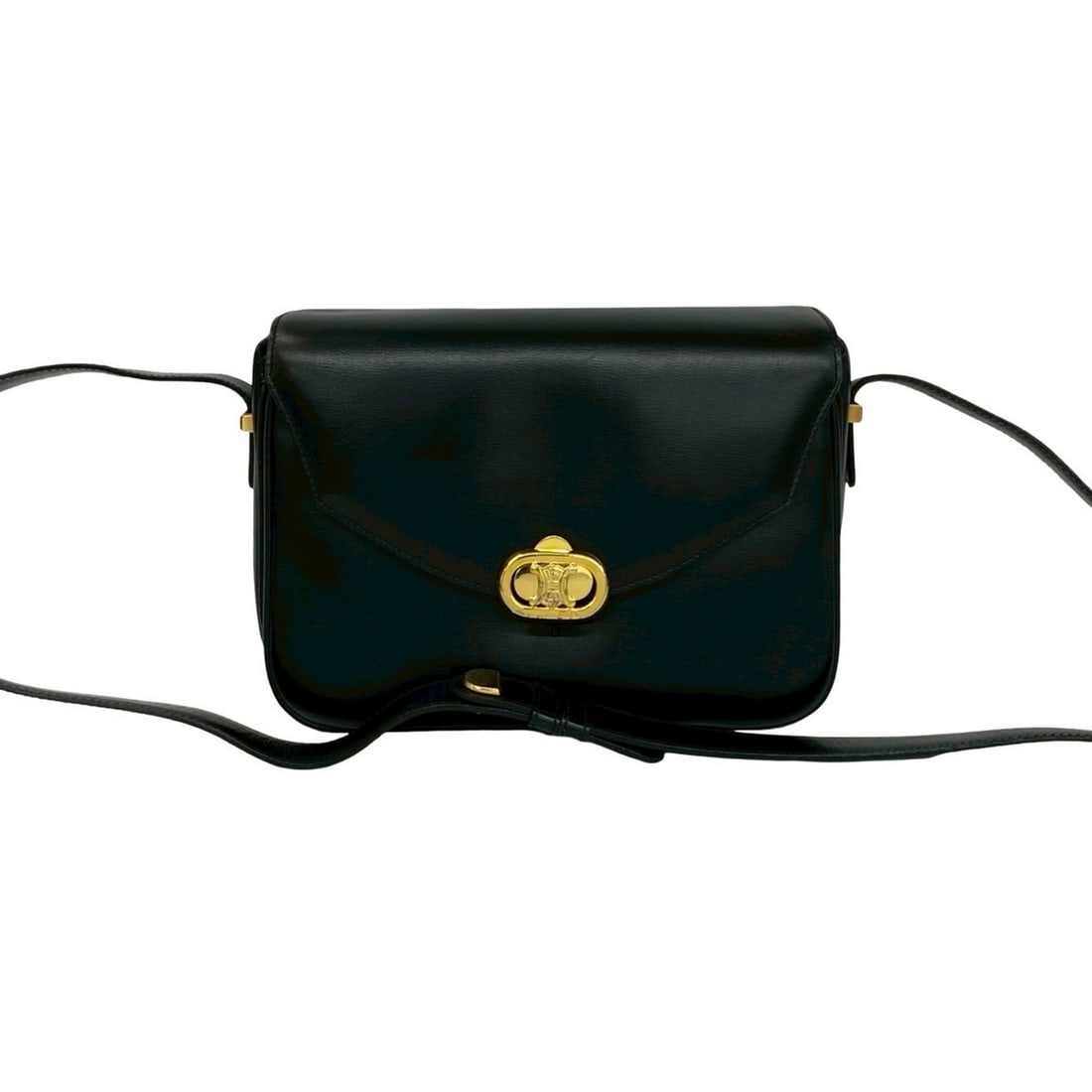 CELINE Vintage Triomphe Logo Hardware Leather Semi-One Shoulder Bag Pochette Black 76357 (1 of 18)