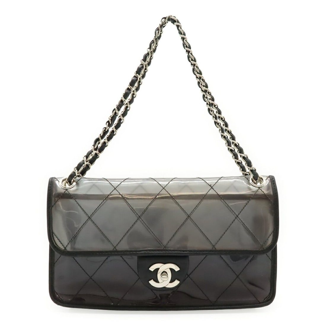 CHANEL Matelassé Coco Mark Chain Shoulder Bag Handbag Vinyl Gradient Clear Black: --- Catalog ---Category: SizeWeight: 420g / 14.81oz.Size (HxWxD): 17.5cm x 30cm x 6cm / 6.88'' x 11.81'' x 2.36''Strap Length: 83cm / 32.67''Category: DesignType: Handbag, Shoulder bagColor: Clear bla