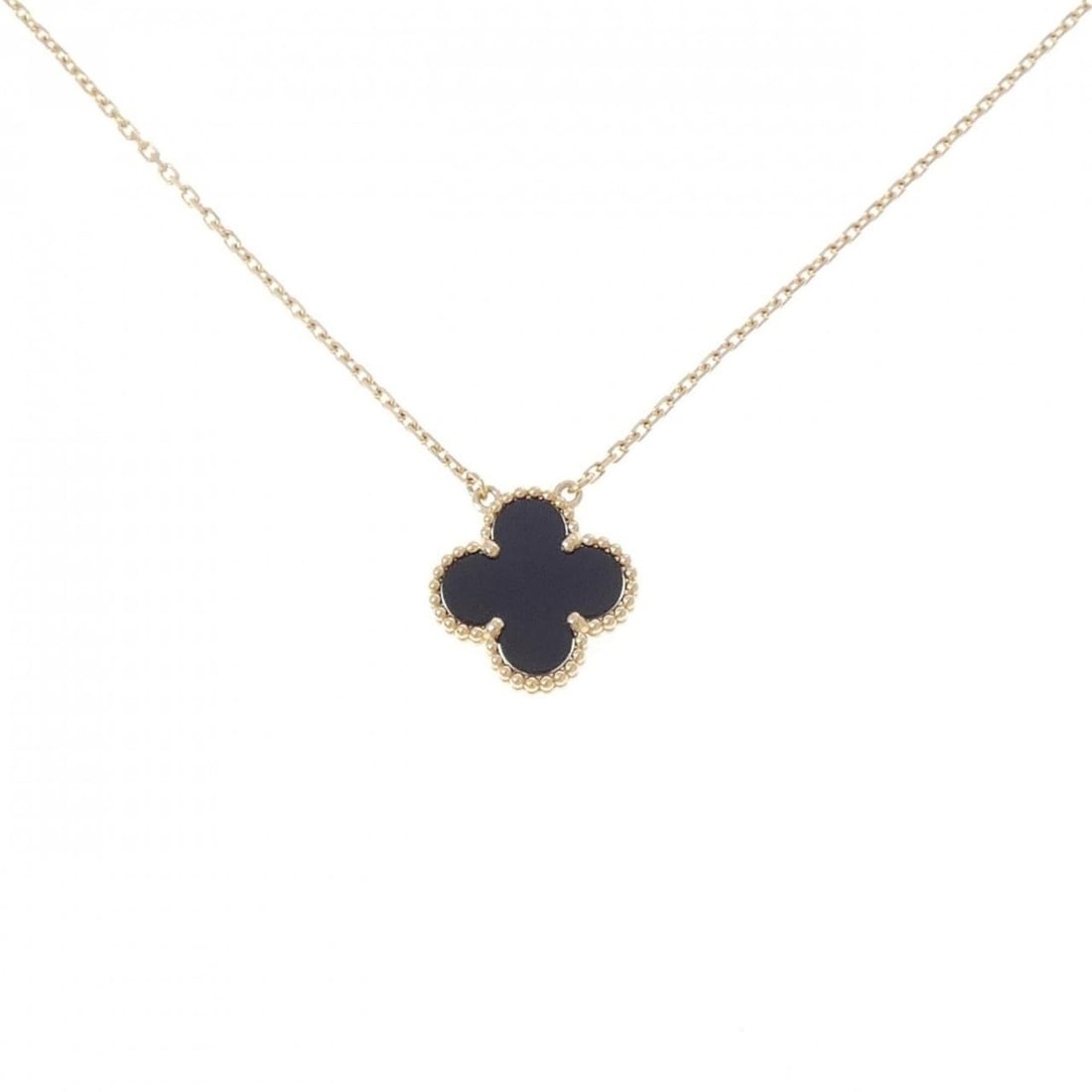 Van Cleef & Arpels Vintage Alhambra Necklace: --- Catalog ---Category: SizePendant Size: 14.8mm x 14.8mm / 0.58'' x 0.58''Neck Circumference: 37 cm - 42 cm / 14.56'' - 16.53''Category: DesignColor: Yellow goldStone: OnyxGender: WomenMaterial: