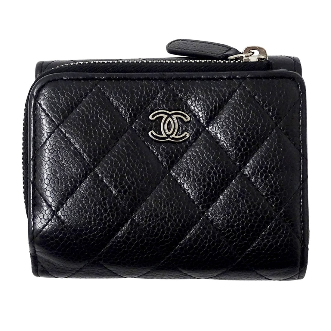 Chanel Matelassé Women's Tri-fold Wallet, Caviar Leather, Black with Silver Hardware, Mini Wallet: --- Catalog ---Category: SizeSize (HxWxD): 9cm x 11cm x 3cm / 3.54'' x 4.33'' x 1.18''Category: DesignType: Wallet (tri-fold)Color: BlackGender: WomenMaterial: Grained Calfskin Category: GeneralBrand: