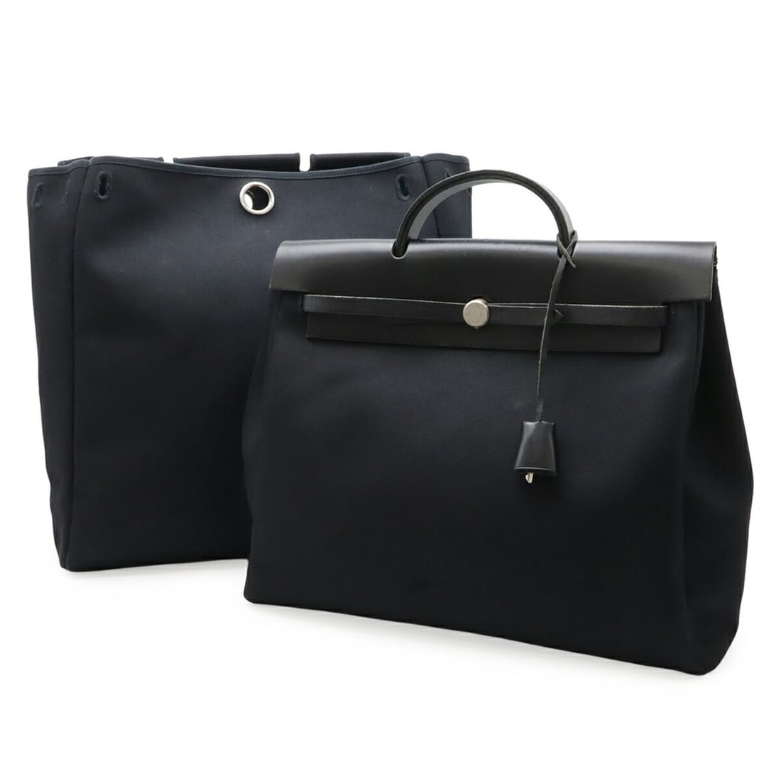 HERMES Herbag MM handbag, Toile Officier canvas and leather, black, shoulder bag, ?E stamp.: --- Catalog ---Category: SizeSize (HxWxD): 42.5cm x 39cm x 13.5cm / 16.73'' x 15.35'' x 5.31''Category: DesignType: HandbagColor: BlackGender: WomenMaterial: Toile officier , Leather Category: General