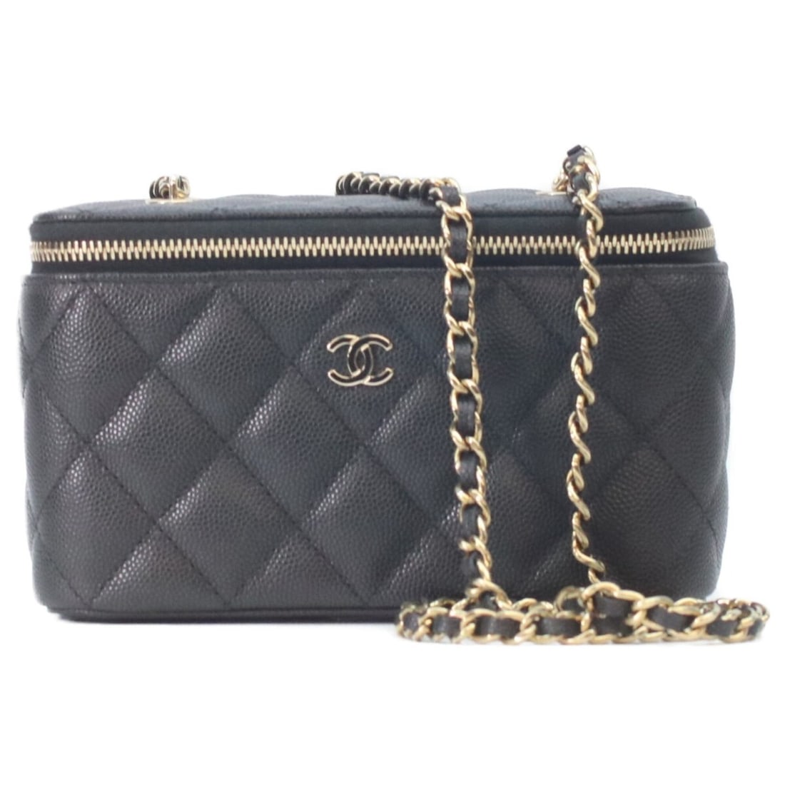 CHANEL AP1341 Black Caviar Leather Vanity Chain Shoulder Bag with Gold Hardware for Women: --- Catalog ---Category: SizeSize (HxWxD): 9.5cm x 6cm x 8cm / 3.74'' x 2.36'' x 3.14''Category: DesignType: Shoulder bagColor: BlackGender: WomenMaterial: Grained Calfskin Hardware Color: GoldCategor