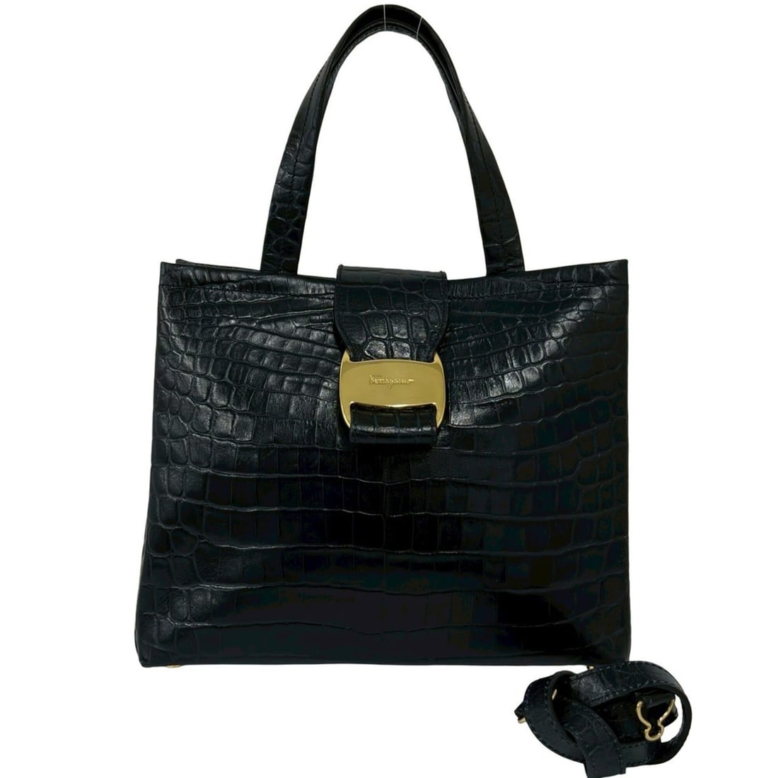 Salvatore Ferragamo Vara Logo Hardware Leather 2-way Shoulder Bag/Handbag Black 01957: --- Catalog ---Category: SizeSize (HxWxD): 20cm x 24.5cm x 11cm / 7.87'' x 9.64'' x 4.33''Category: DesignType: Handbag, Shoulder bagColor: BlackGender: WomenMaterial: Leather Category: GeneralBrand: 