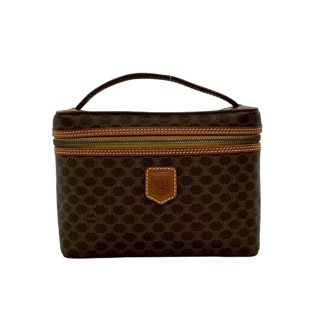 CELINE Vintage Macadam Blazon Triomphe Pattern Leather Handbag Vanity Bag Brown 85094 (1 of 15)