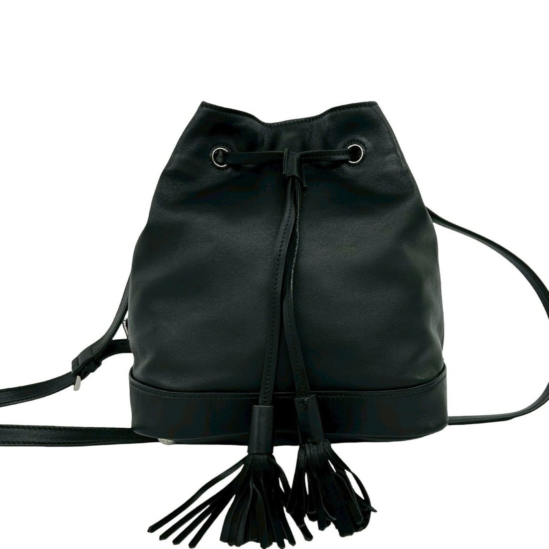 PRADA Triangle Logo Hardware Tassel Leather Drawstring Shoulder Bag Pouch Sacoche Black 37423 (1 of 10)