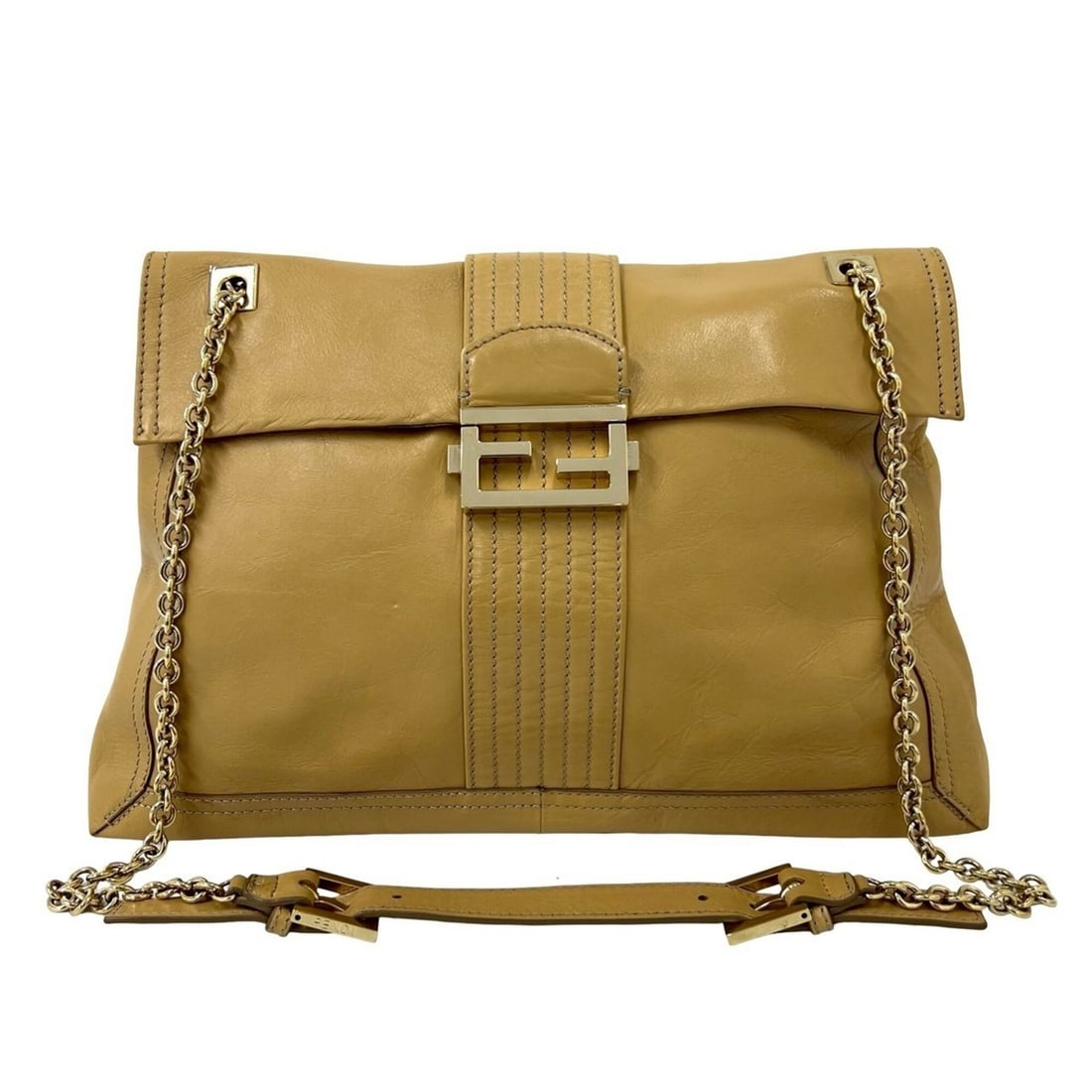FENDI FF logo motif hardware leather genuine 2-way chain shoulder bag tote beige 91176: --- Catalog ---Category: SizeSize (HxWxD): 24cm x 36cm x 6cm / 9.44'' x 14.17'' x 2.36''Category: DesignType: Shoulder bag, Tote bagColor: BeigeGender: WomenMaterial: Leather Category: GeneralBrand: F