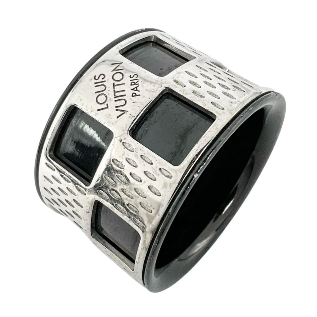 LOUIS VUITTON Damier Perforet M64241 Ring - Metal, Silver, Black Men's: --- Catalog ---Category: SizeJP Size: 21US Size: 10Category: DesignType: Band ringColor: BlackGender: MenMaterial: MetalCategory: GeneralMPN: M64241Brand: Louis VuittonCountry of Origin: Italy--- Item