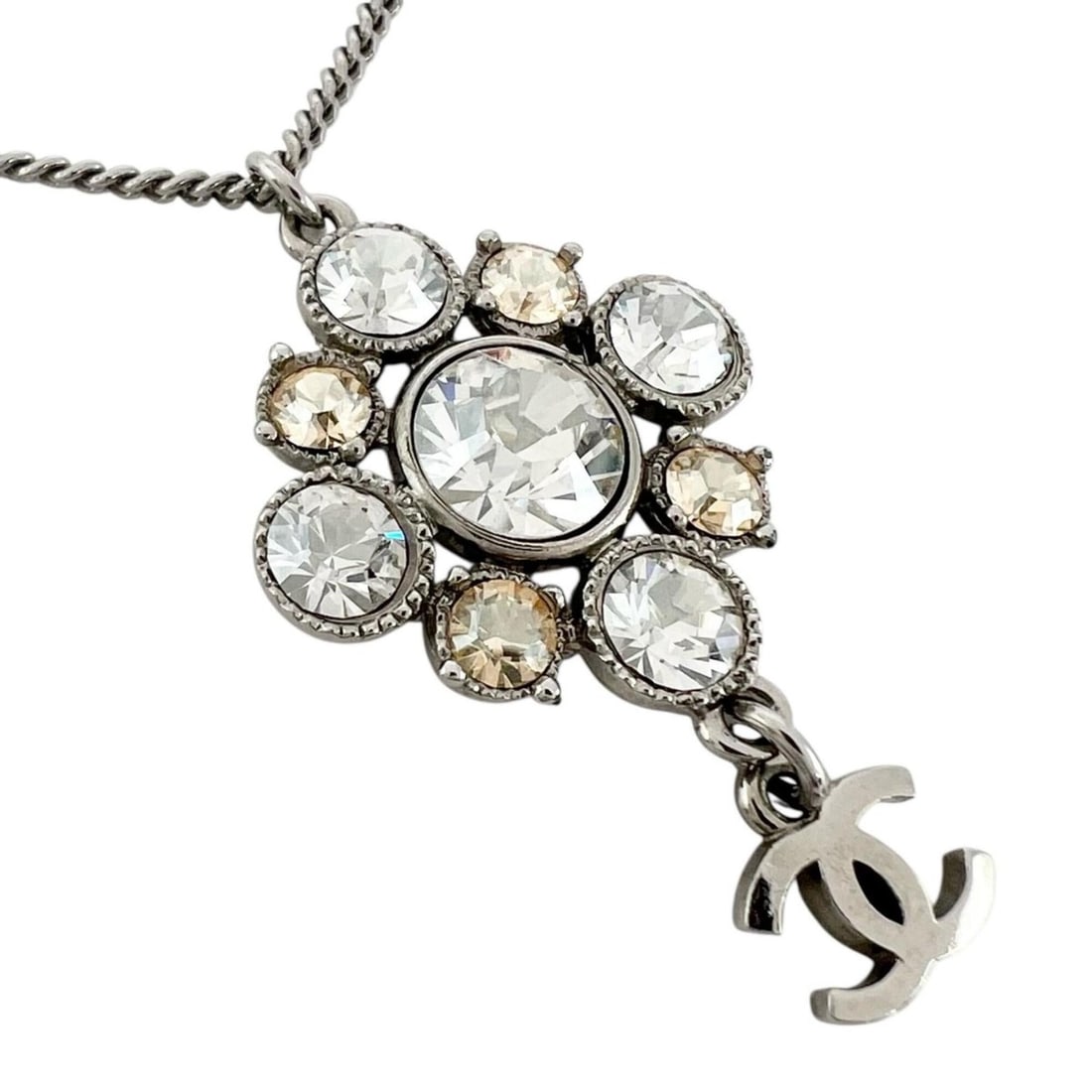 CHANEL Chanel Diamond Crystal Coco Mark Necklace Rhinestone Plated Silver Women's (1 of 18)