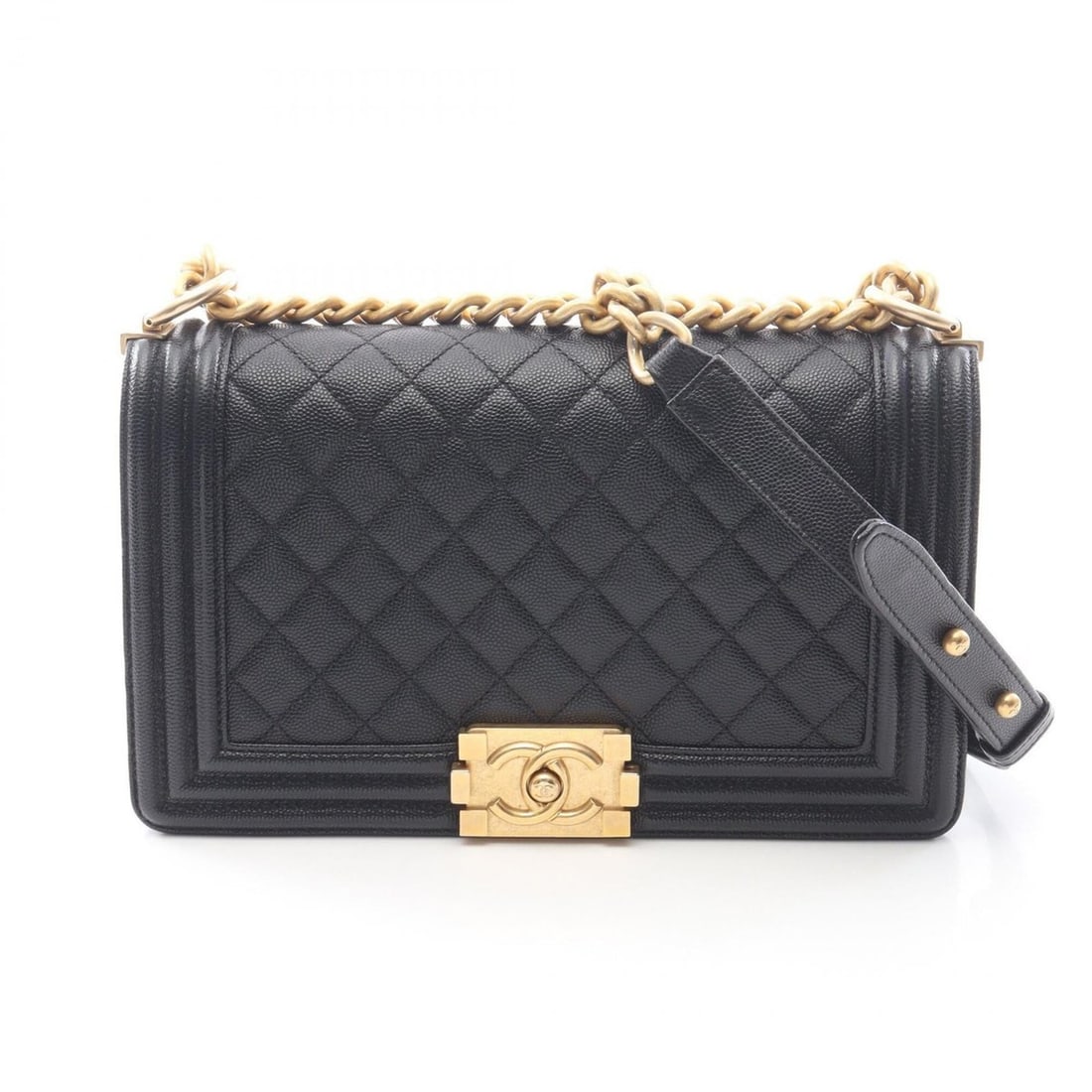 Chanel Boy Shoulder Bag/Handbag, Caviar Leather (Grained Calfskin), Women's, Black, A67086: --- Catalog ---Category: SizeSize (HxWxD): 14.5cm x 25cm x 7cm / 5.7'' x 9.84'' x 2.75''Category: DesignType: Handbag, Shoulder bagColor: BlackGender: WomenMaterial: Grained Calfskin Hardware Color: G