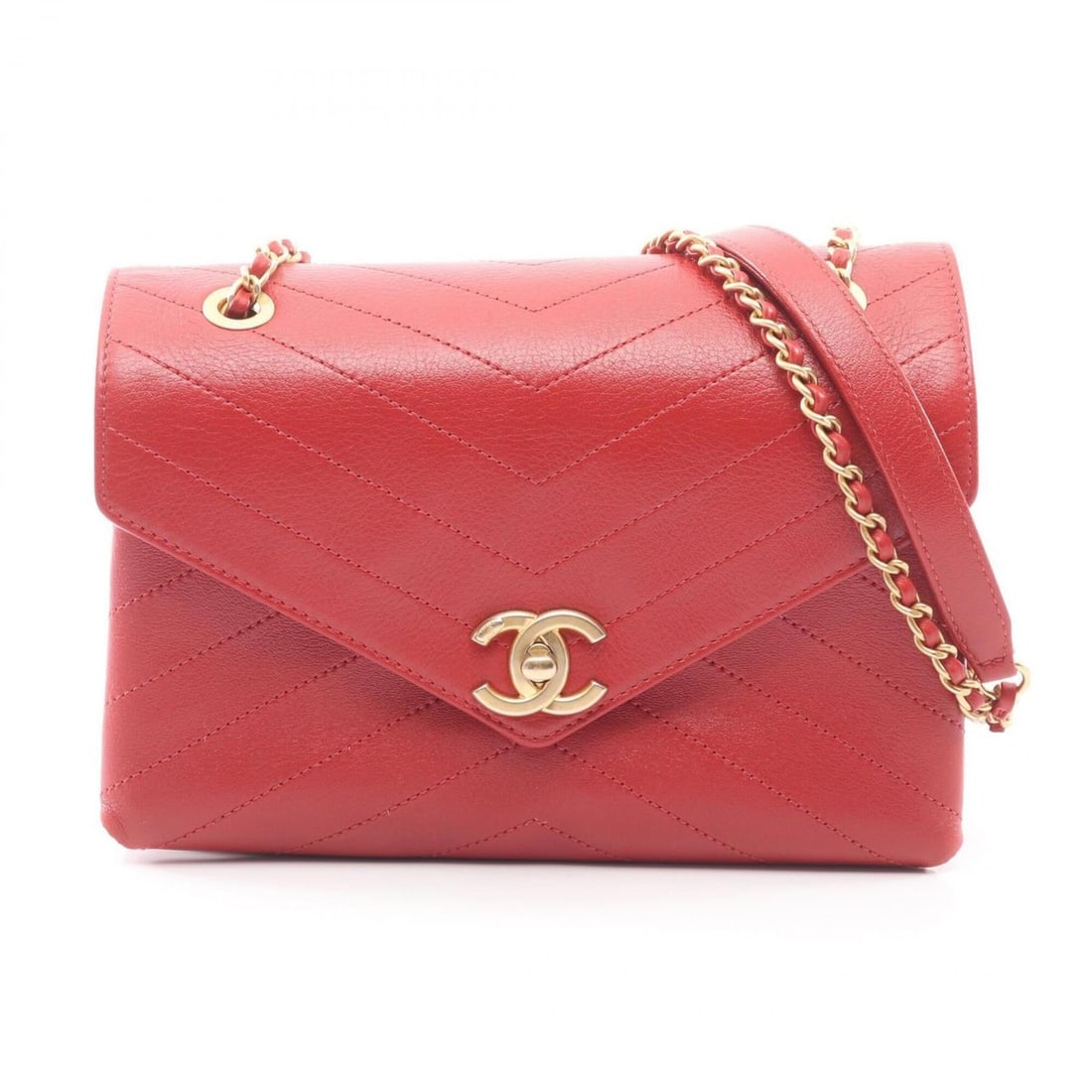 Chanel Chevron V-stitch Shoulder Bag/Handbag, Leather, Women's, Red: --- Catalog ---Category: SizeSize (HxWxD): 15cm x 22cm / 5.9'' x 8.66''Category: DesignType: Handbag, Shoulder bagColor: Red colorGender: WomenMaterial: Leather Hardware Color: GoldCategory: GeneralBr