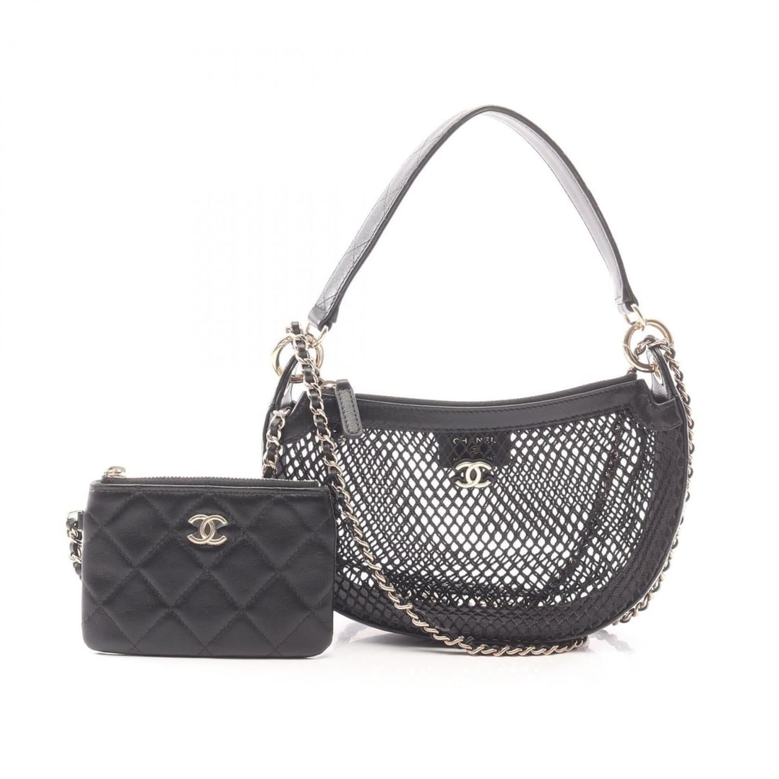 Chanel Coco Mark Handbag with Pouch, 2-Way Handbag, Lambskin (Sheepskin Leather) Mesh, Women's,: --- Catalog ---Category: SizeSize (HxWxD): 14cm x 22cm x 5cm / 5.51'' x 8.66'' x 1.96''Category: DesignType: Handbag, PouchColor: BlackGender: WomenMaterial: Leather , Mesh Hardware Color: GoldLeather