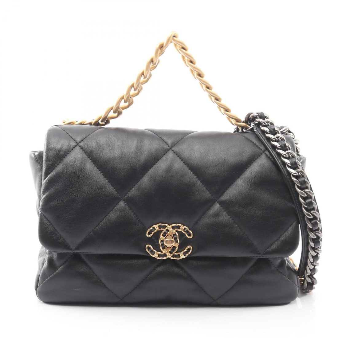 Chanel 19 Dixneuf Matelassé Combination Hardware 2-Way Shoulder Bag/Handbag Lambskin Leather: --- Catalog ---Category: SizeSize (HxWxD): 20cm x 29cm x 8cm / 7.87'' x 11.41'' x 3.14''Category: DesignType: Handbag, Shoulder bagColor: BlackGender: WomenMaterial: Leather Leather/Fur Type: Lambskin