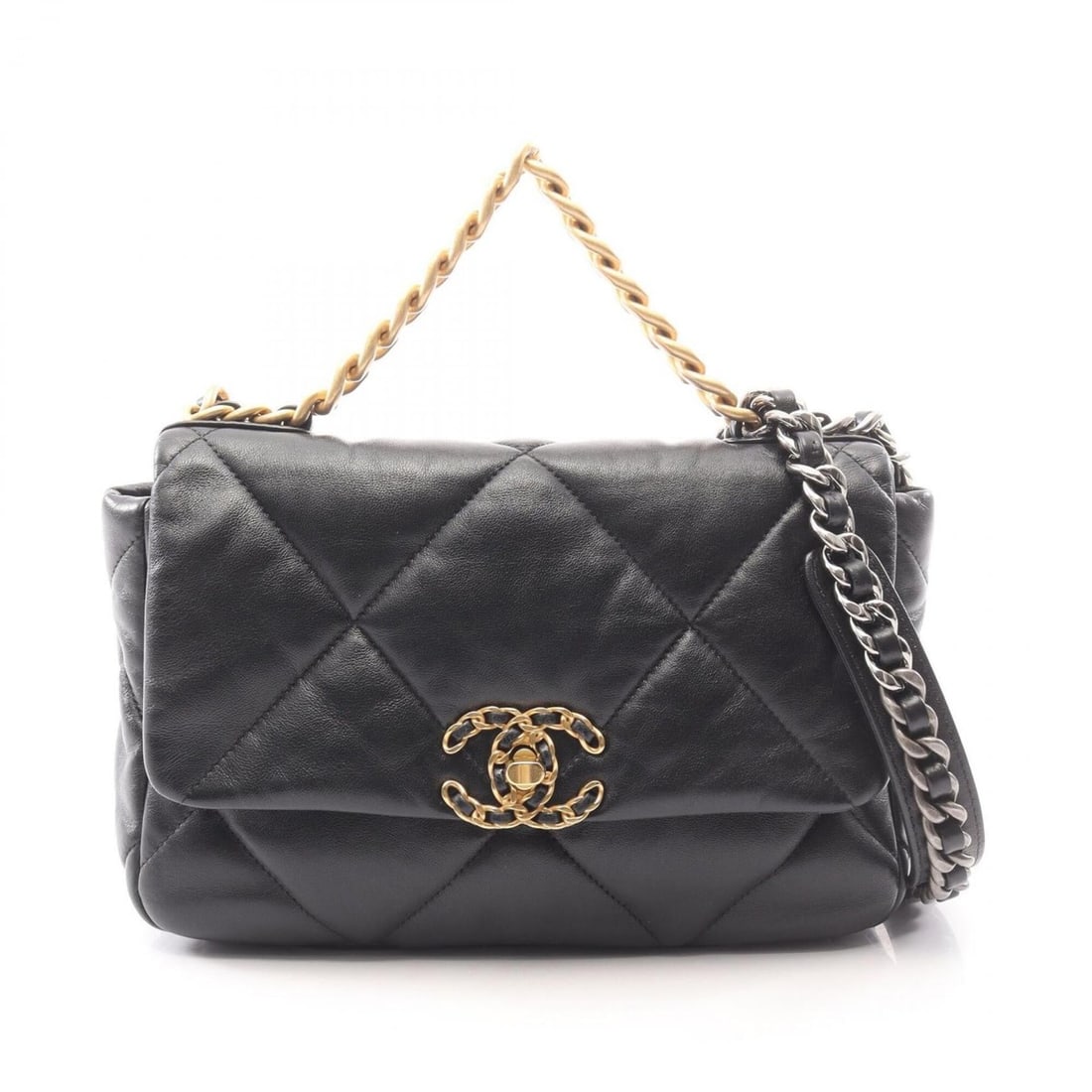 Chanel 19 Dixneuf Matelassé Combination Hardware 2-Way Shoulder Bag/Handbag Lambskin Leather: --- Catalog ---Category: SizeSize (HxWxD): 17cm x 25cm x 8cm / 6.69'' x 9.84'' x 3.14''Category: DesignType: Handbag, Shoulder bagColor: BlackGender: WomenMaterial: Leather Leather/Fur Type: LambskinC