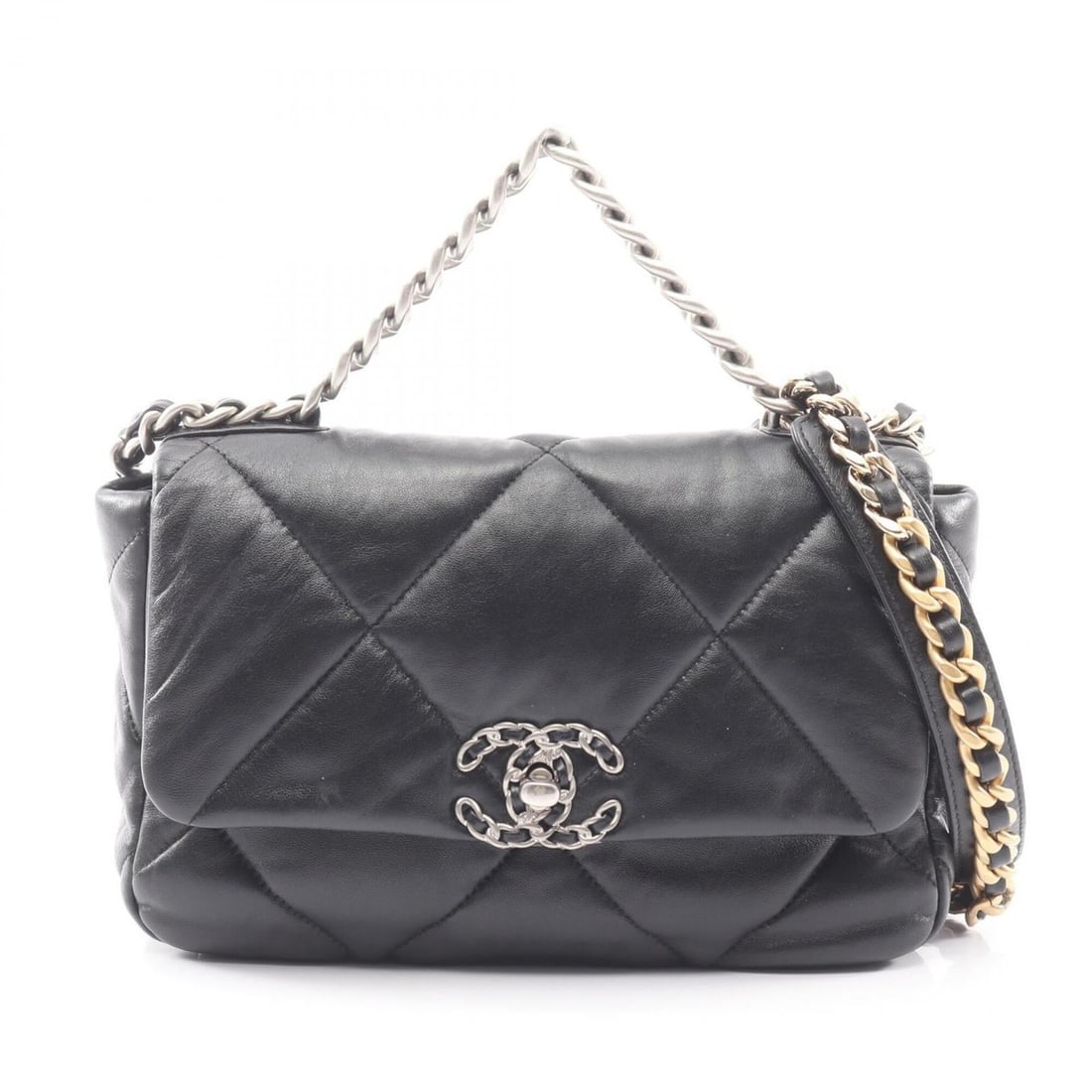 Chanel 19 Dixneuf Matelassé Combination Hardware 2-Way Shoulder Bag/Handbag Lambskin Leather: --- Catalog ---Category: SizeSize (HxWxD): 17cm x 25cm x 8cm / 6.69'' x 9.84'' x 3.14''Category: DesignType: Handbag, Shoulder bagColor: BlackGender: WomenMaterial: Leather Leather/Fur Type: LambskinC