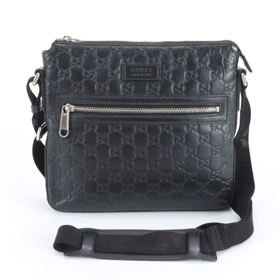 Gucci Guccissima 406410 Leather Shoulder Bag, Crossbody Messenger Black, Men's: --- Catalog ---Category: SizeSize (HxWxD): 22cm x 25cm x 3cm / 8.66'' x 9.84'' x 1.18''Strap Length: 130cm / 51.18''Category: DesignType: Shoulder bagColor: BlackGender: MenMaterial: Leather Category: