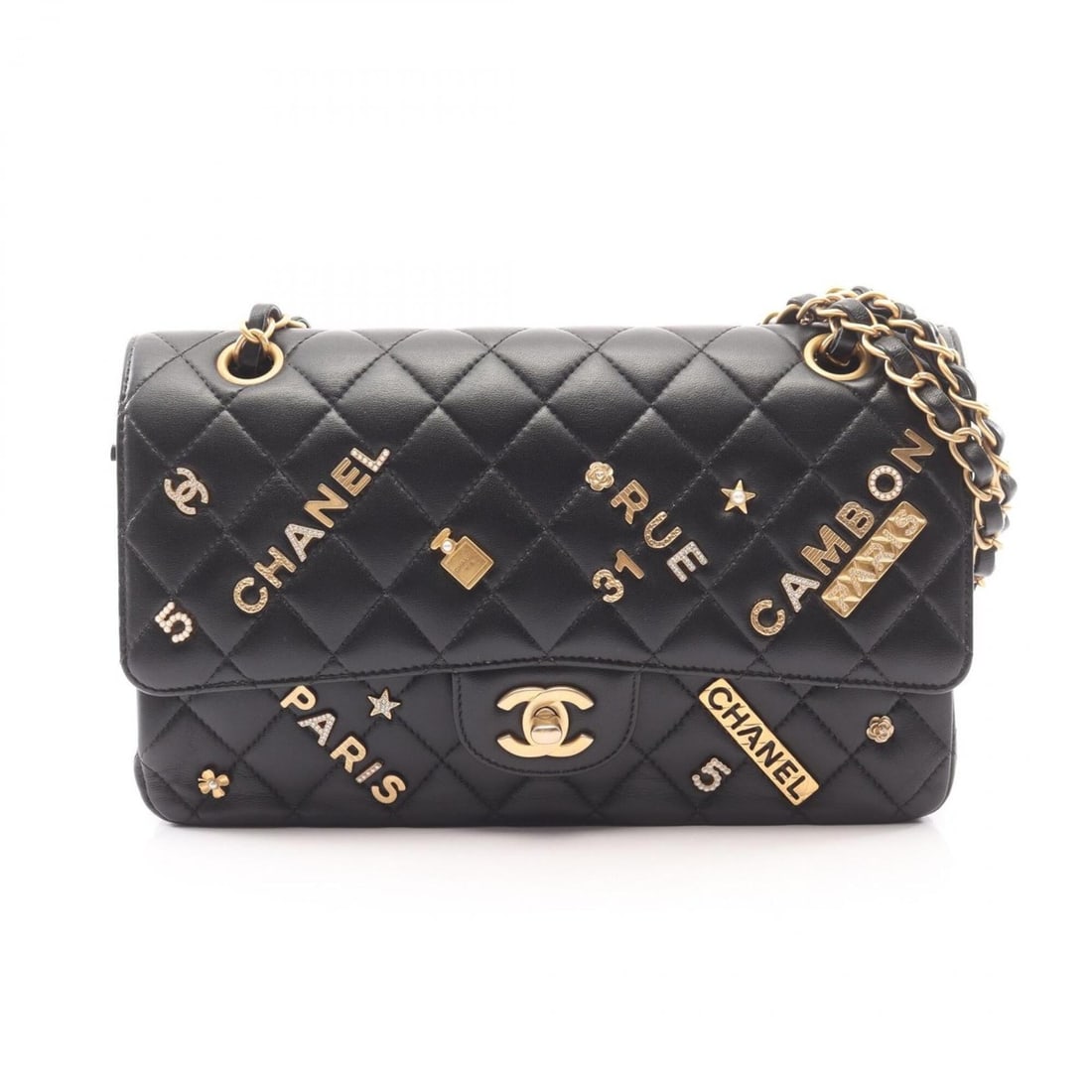 Chanel Matelassé Double Flap Icon Charm Shoulder Bag/Handbag, Lambskin Leather, Women's, Black: --- Catalog ---Category: SizeSize (HxWxD): 16cm x 25cm x 6.5cm / 6.29'' x 9.84'' x 2.55''Category: DesignType: Handbag, Shoulder bagColor: BlackGender: WomenMaterial: Leather Hardware Color: GoldLeath