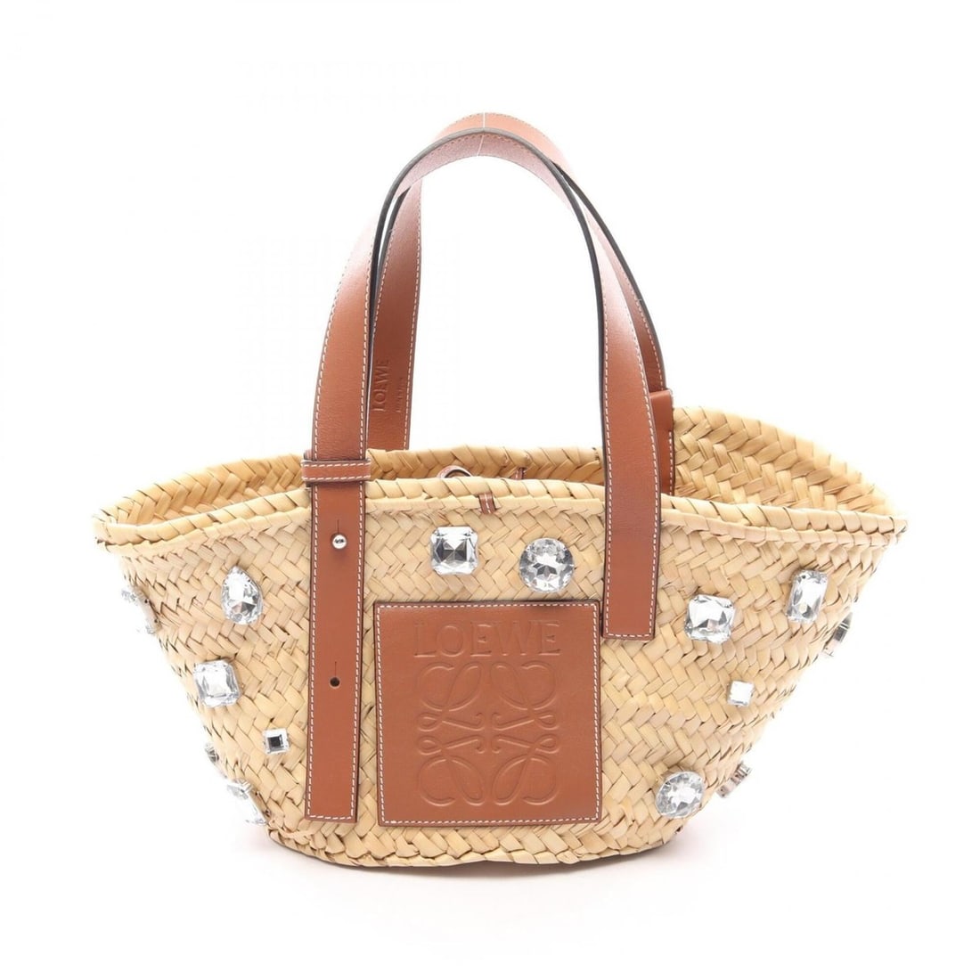 Loewe basket bag, jeweled handbag, leather and raffia, women's, beige/brown. (1 of 11)