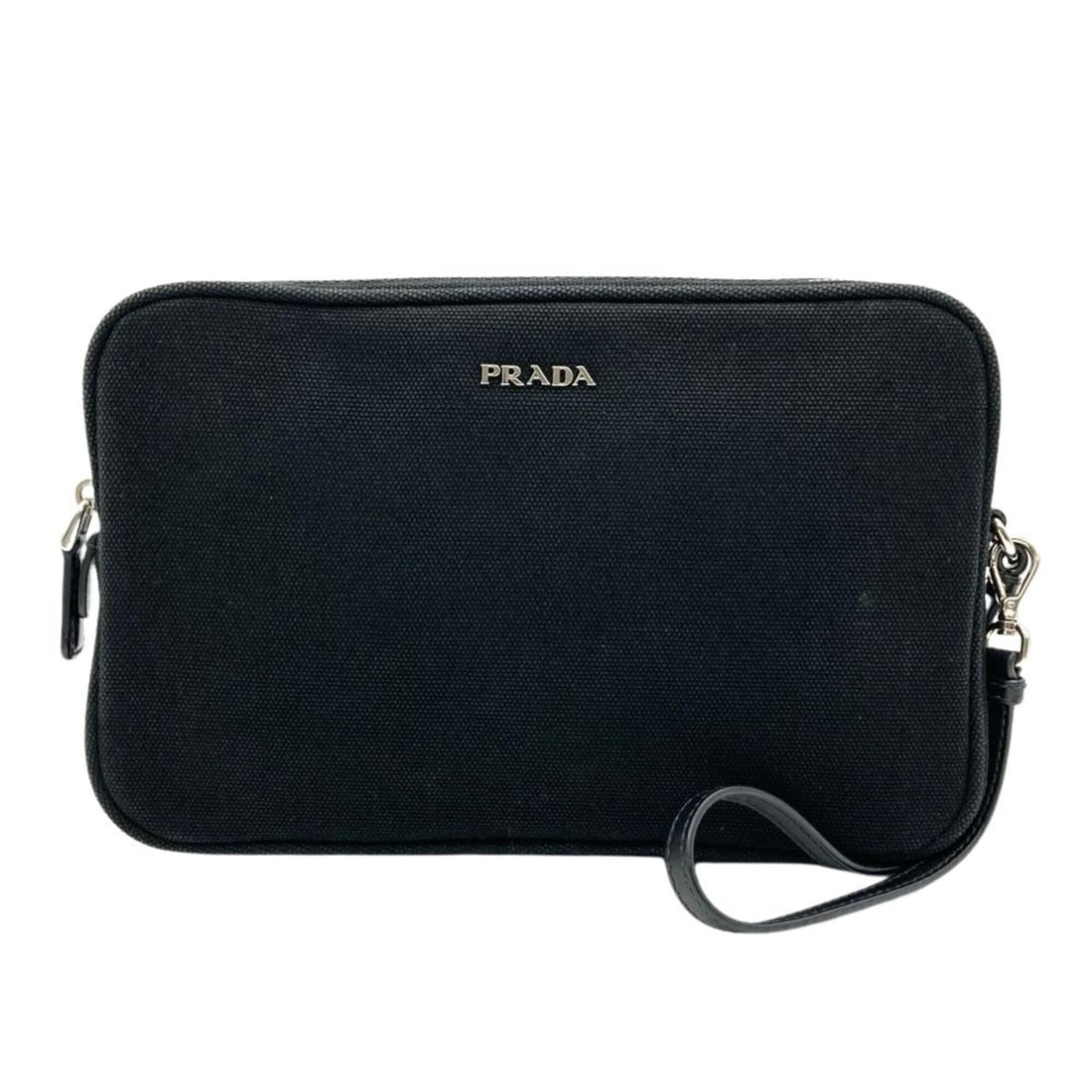 Prada accessory pouch/handbag, canvas, black, silver hardware, women's.: --- Catalog ---Category: SizeSize (HxWxD): 14.5cm x 23cm x 4.5cm / 5.7'' x 9.05'' x 1.77''Category: DesignType: Handbag, PouchColor: BlackGender: WomenMaterial: Canvas Hardware Color: SilverCategory: 