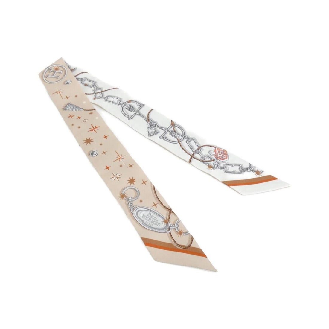 Hermes C'EST LA FETE Twilly 062743S Scarf Muffler: --- Catalog ---Category: SizeSize (LxW): 5cm x 86cm / 1.96'' x 33.85''Category: DesignType: ScarfColor: Beige, WhiteGender: Men,WomenMaterial: Silk Category: GeneralMPN: 062743SBrand: Hermes--- Item L