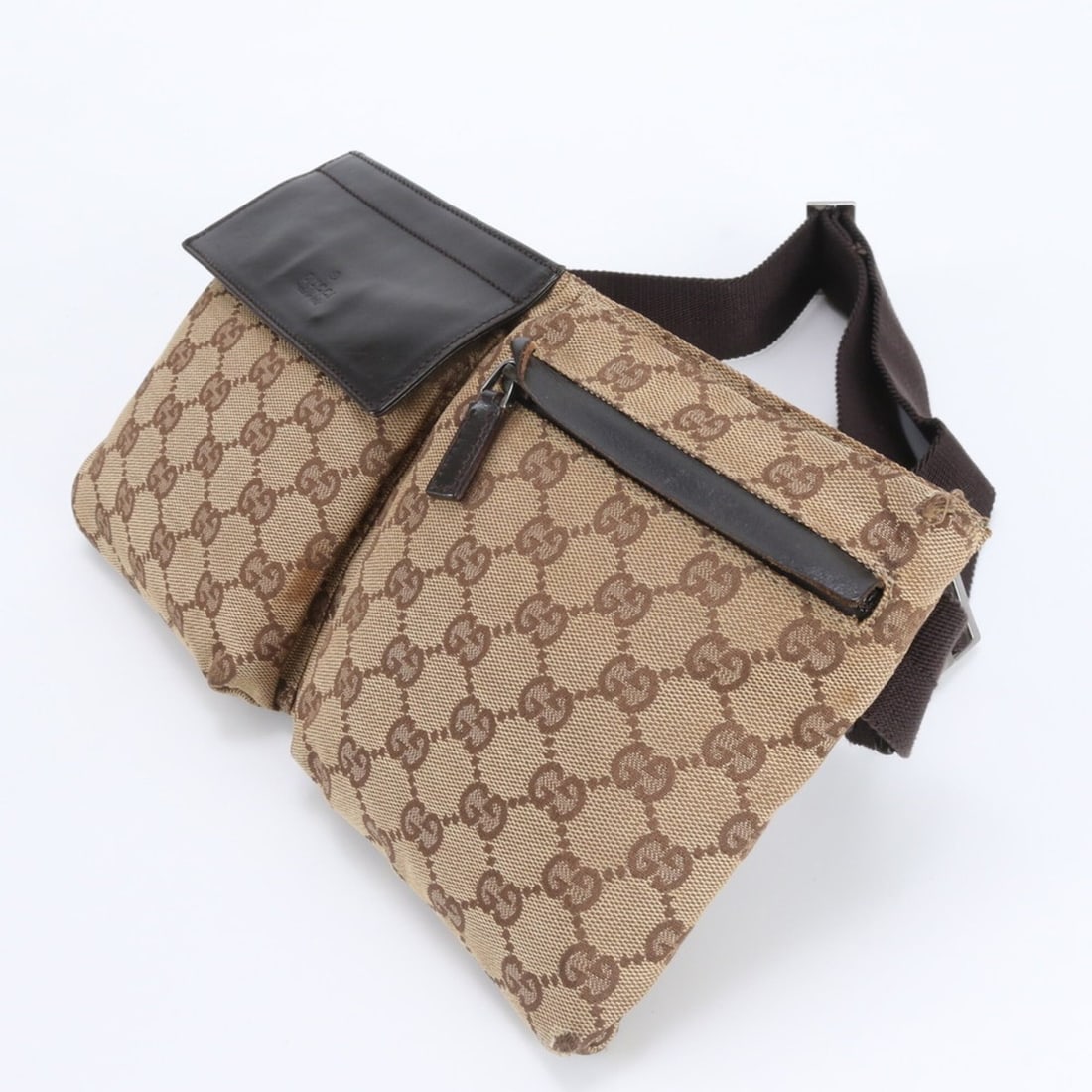 Gucci GG Canvas 28566 Leather 2-Way Body Bag, Crossbody Waist Pouch, Shoulder Bag for Men: --- Catalog ---Category: SizeSize (HxWxD): 16cm x 29cm x 2cm / 6.29'' x 11.41'' x 0.78''Category: DesignType: Pouch, Sling bagColor: Beige, BrownGender: MenMaterial: Canvas , Leather Category: General