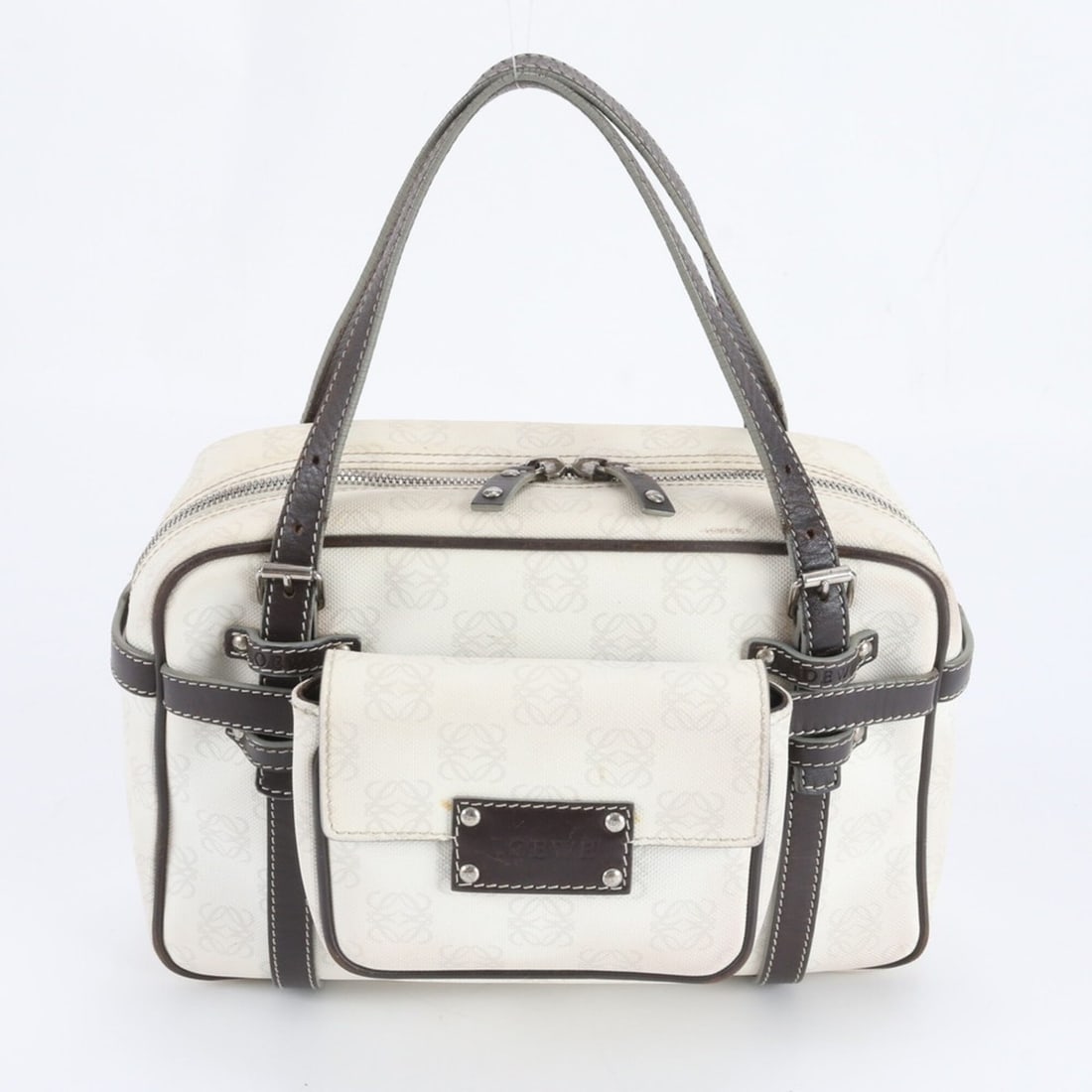 Loewe Anagram Mini Boston Leather Handbag Tote Bag, Silver Hardware, Women's: --- Catalog ---Category: SizeSize (HxWxD): 16cm x 27cm x 9cm / 6.29'' x 10.62'' x 3.54''Category: DesignType: Handbag, Tote bagColor: WhiteGender: WomenMaterial: Coated canvas , Leather Category: Gene