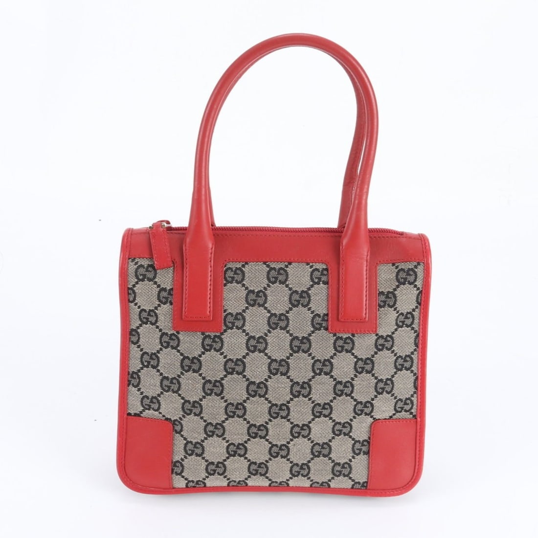 Gucci GG Canvas Leather Handbag/Tote Bag with Control Card (000 0856) - Women's: --- Catalog ---Category: SizeSize (HxWxD): 20cm x 23cm x 6cm / 7.87'' x 9.05'' x 2.36''Category: DesignType: Handbag, Tote bagColor: Beige, Red colorGender: WomenMaterial: Canvas , Leather Category: G