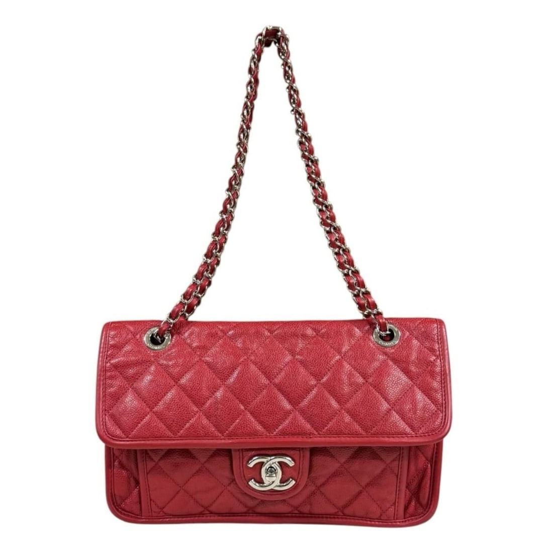 Chanel French Riviera Matelassé Shoulder Bag, Leather, Red, Women's, CHANEL Chain: --- Catalog ---Category: SizeWeight: 580g / 1.27lb.Size (HxWxD): 18cm x 28cm x 6cm / 7.08'' x 11.02'' x 2.36''Strap Length: 57cm - 94cm / 22.44'' - 37''Category: DesignType: Shoulder bagColor: Red col