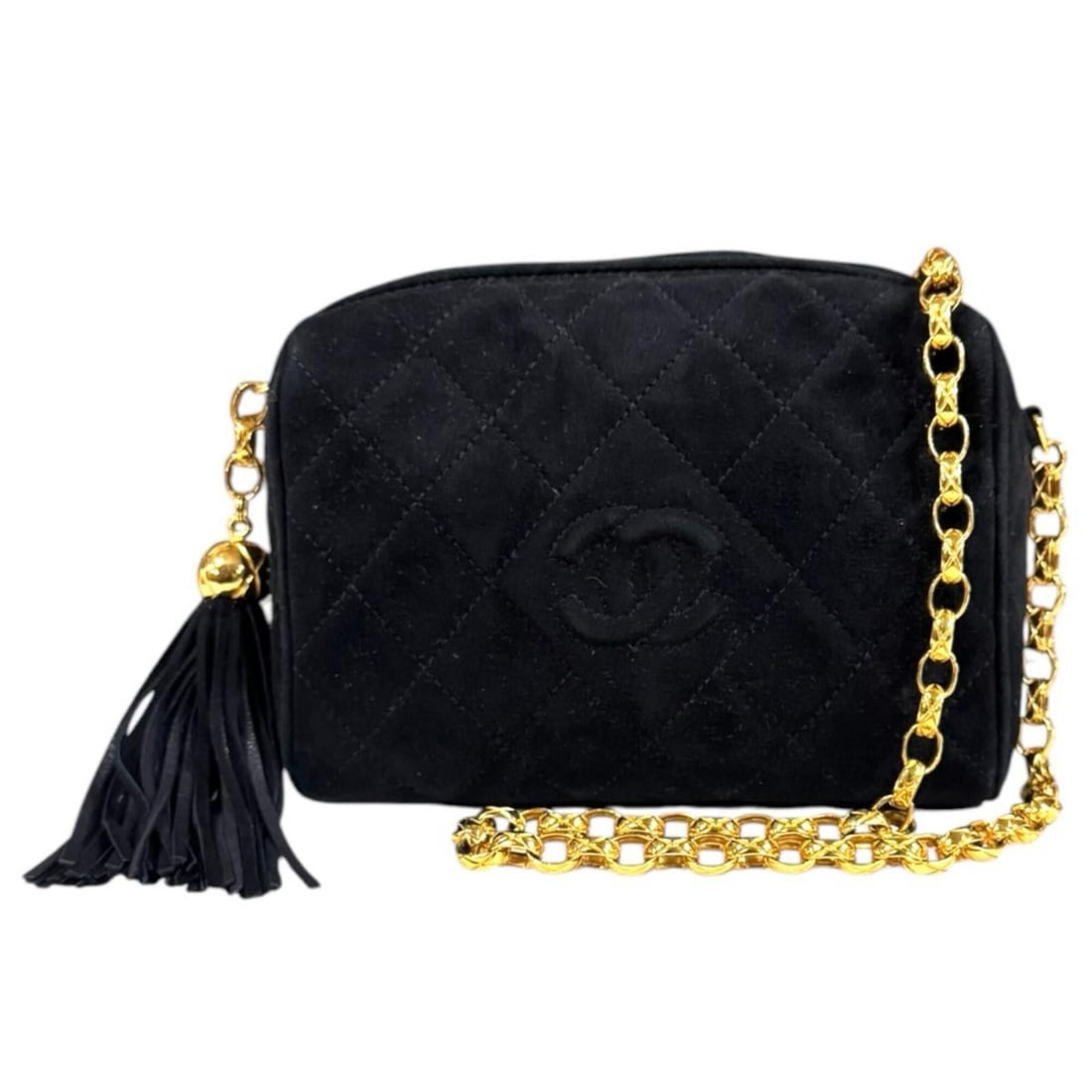 Chanel Coco Mark Shoulder Bag, Suede Black, Women's, CHANEL Fringe Chain: --- Catalog ---Category: SizeWeight: 440g / 15.52oz.Size (HxWxD): 15.5cm x 18cm x 7cm / 6.1'' x 7.08'' x 2.75''Strap Length: 125cm / 49.21''Category: DesignType: Shoulder bagColor: BlackGender: WomenC