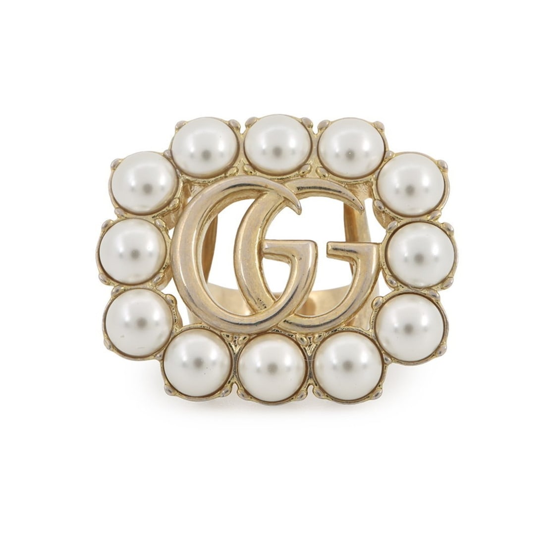 Gucci ring with crystal double G metal and faux pearl, size XS. GUCCI for women.: --- Catalog ---Category: SizeJP Size: 9US Size: 5Category: DesignType: Band ringColor: Champagne goldStone: Artificial pearl, CrystalGender: WomenMaterial: Gold platingCategory: GeneralBrand: GucciCou