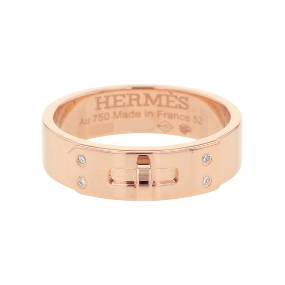 Hermes Kelly PM Ring with 4 Diamonds (0.02ct total), 18K Pink Gold, Size 52.: --- Catalog ---Category: SizeUS Size: 6.5Brand Size: 52Category: DesignType: Band ringColor: Pink goldStone: DiamondGender: WomenMaterial: Pink gold (18K)Weight (ct.): 0.02Category: GeneralBrand: Herm