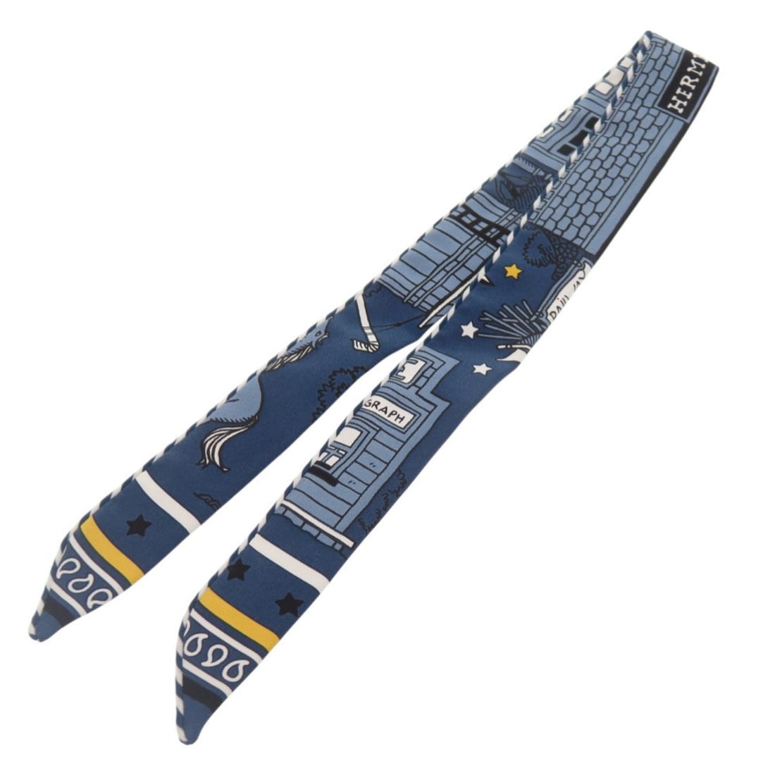 Like New Hermes Twilly Doll Candy Paris Station Blue Ardoise Black Jaune Silk Scarf Muffler 1377: --- Catalog ---Category: SizeSize (LxW): 52cm x 2.5cm / 20.47'' x 0.98''Category: DesignType: ScarfColor: Black, BlueGender: WomenMaterial: Silk Category: GeneralBrand: HermesCountry of Origin: France
