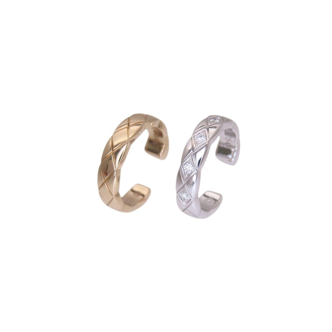 Like New Chanel Coco Crush 5-Diamond Ear Cuff J11656 Earrings 18K White Gold Pink Diamond Jewelry: --- Catalog ---Category: SizeSize (HxWxD): 9.50mm x 9.50mm / 0.37'' x 0.37''Category: DesignType: EarcuffColor: Pink gold, White goldStone: DiamondGender: WomenMaterial: Pink gold (18K), White gold (1