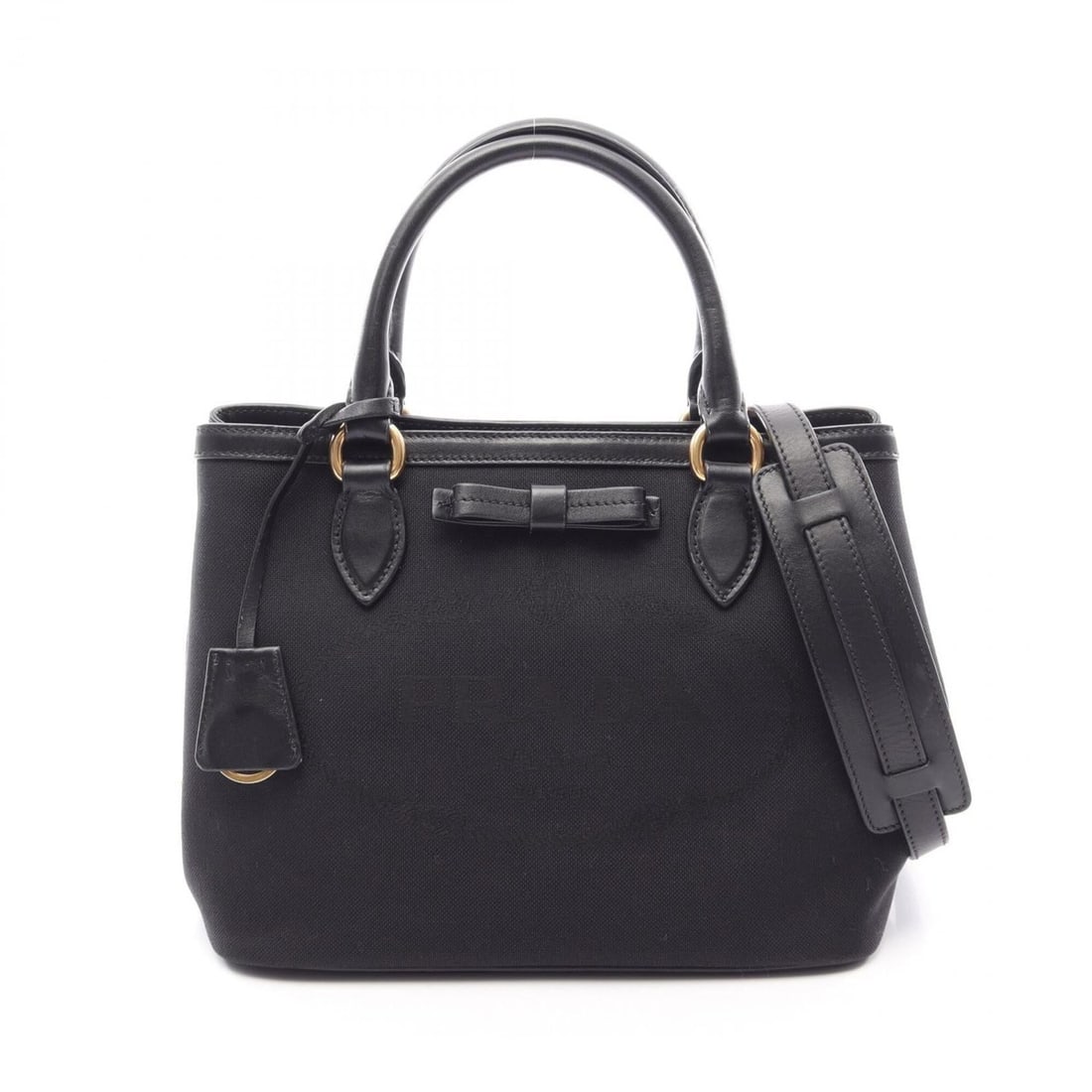 Prada LOGO JACQUARD 2-Way Handbag, Canvas and Leather, Women's, Black: --- Catalog ---Category: SizeSize (HxWxD): 19cm x 24.5cm x 14.5cm / 7.48'' x 9.64'' x 5.7''Category: DesignType: HandbagColor: BlackGender: WomenMaterial: Canvas , Leather Category: GeneralBrand: Prad